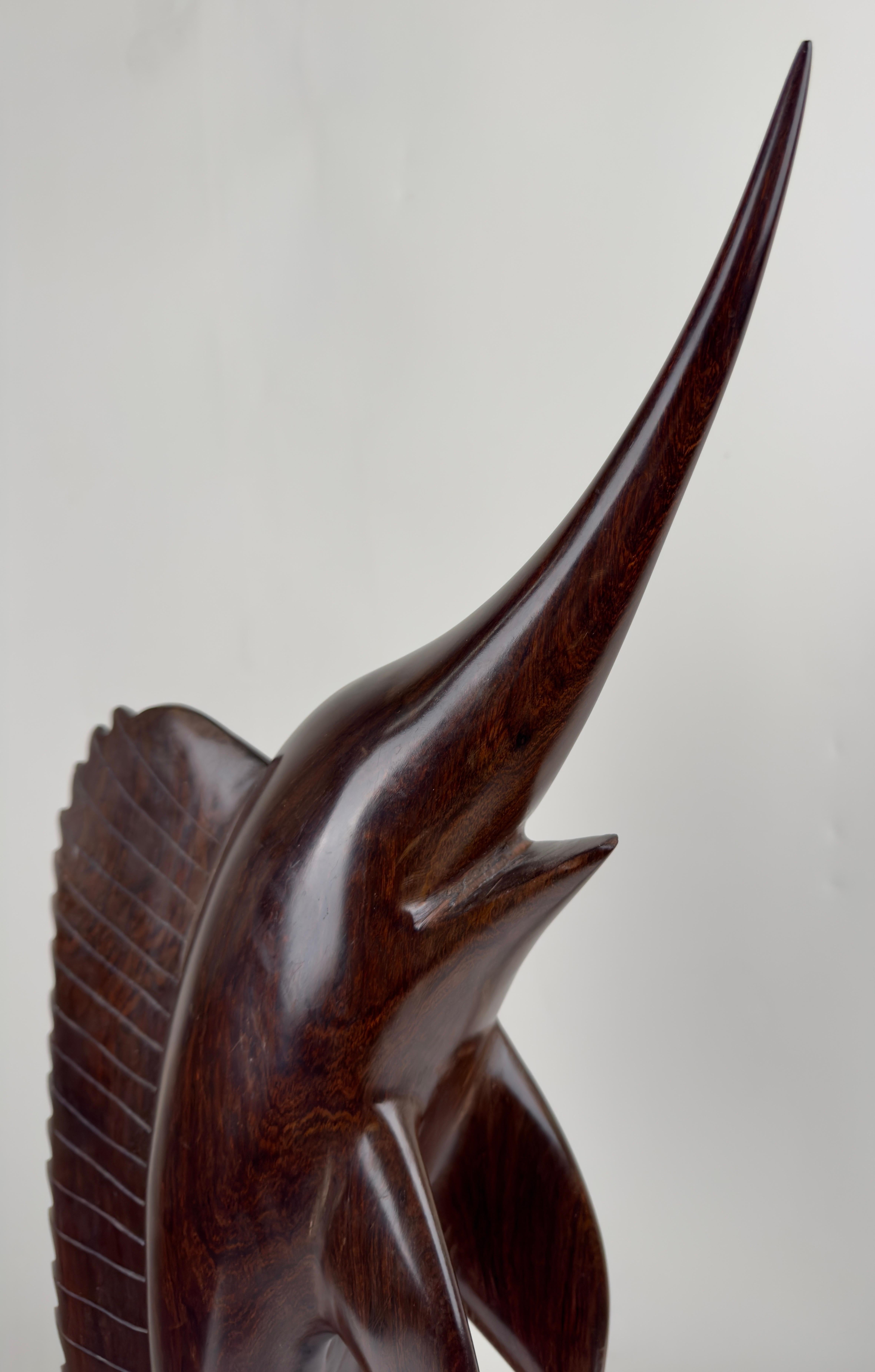 Mid-Century Hand-Carved Iron Wood Swordfish Sculpture  For Sale 3