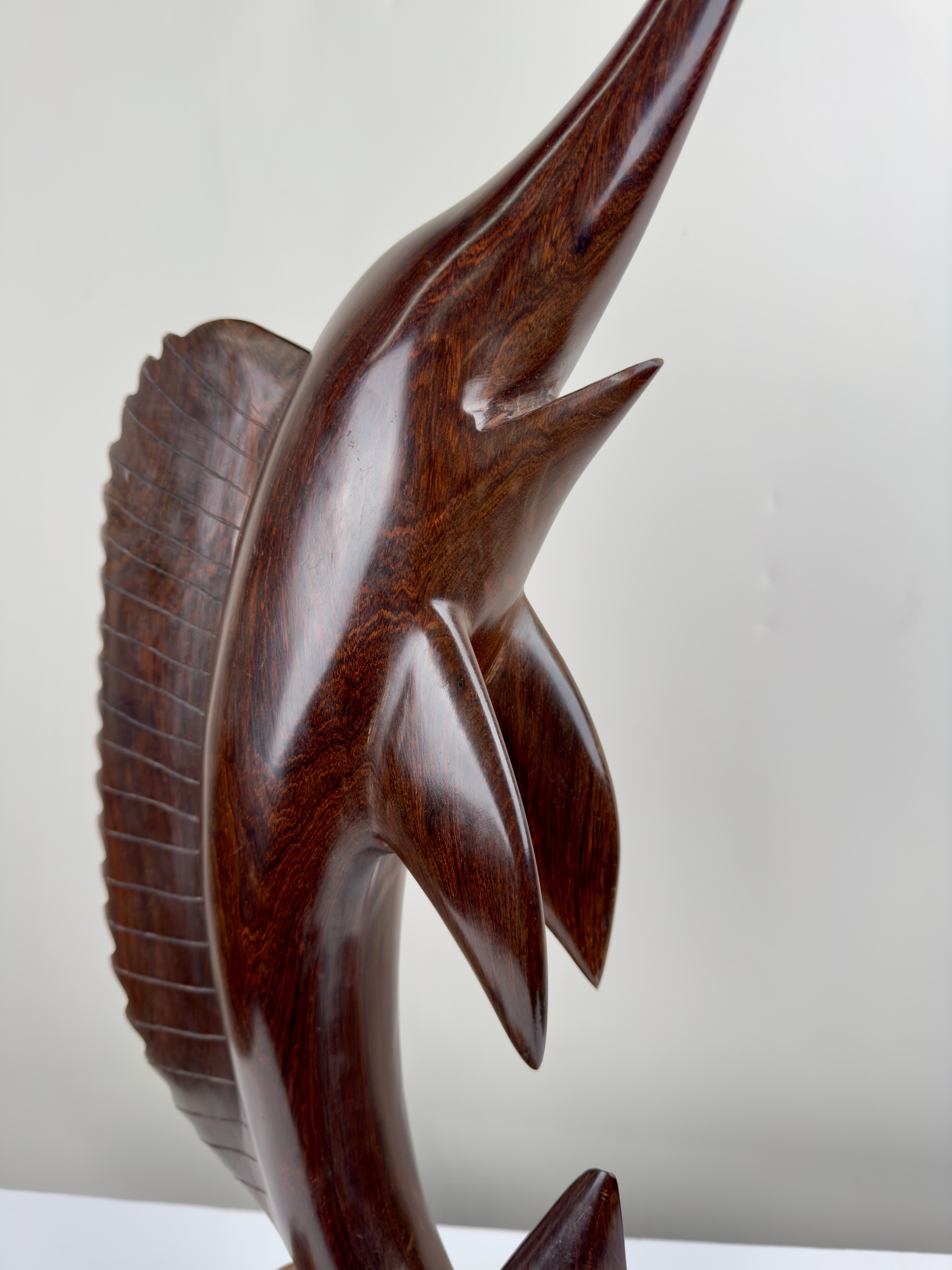 Mid-Century Hand-Carved Iron Wood Swordfish Sculpture  For Sale 4