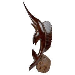 Vintage Mid-Century Hand-Carved Iron Wood Swordfish Sculpture 