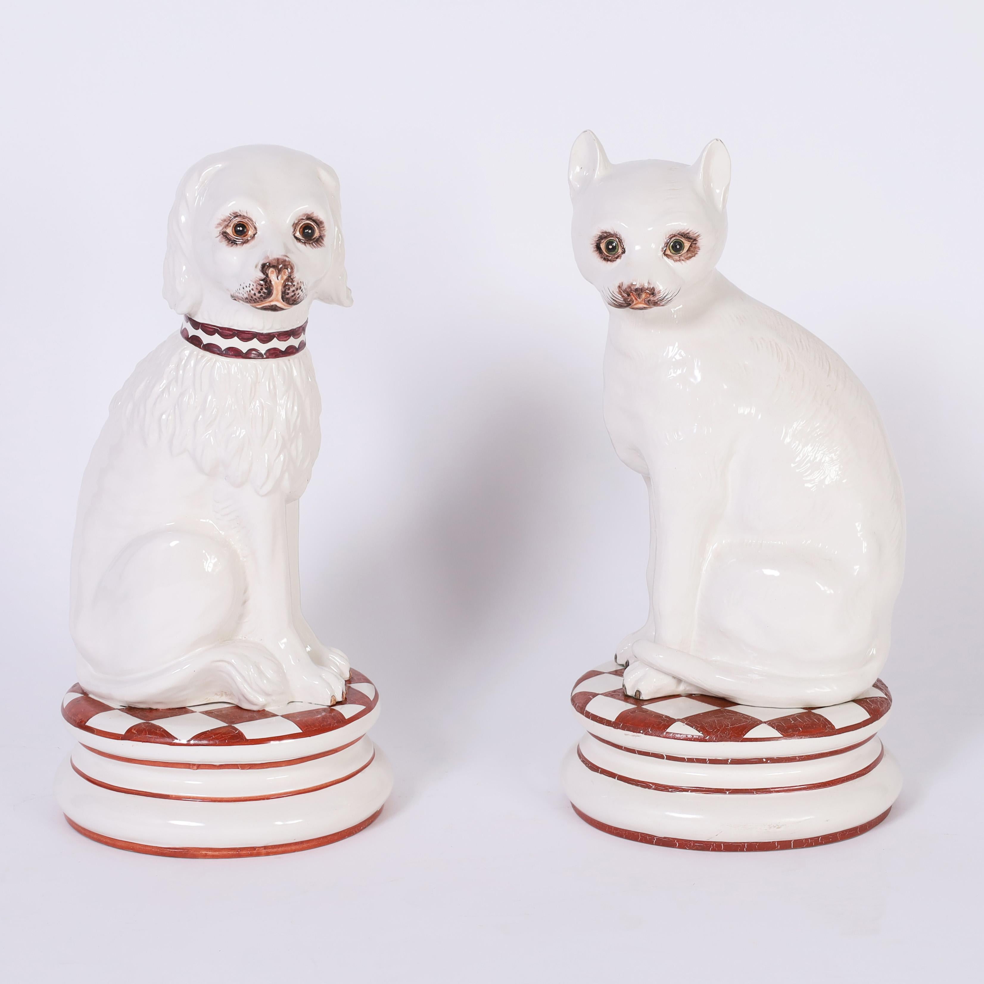 Best friends together, vintage Italian life size dog and cat figures on matching cushions, crafted in ceramic, hand decorated and glazed.