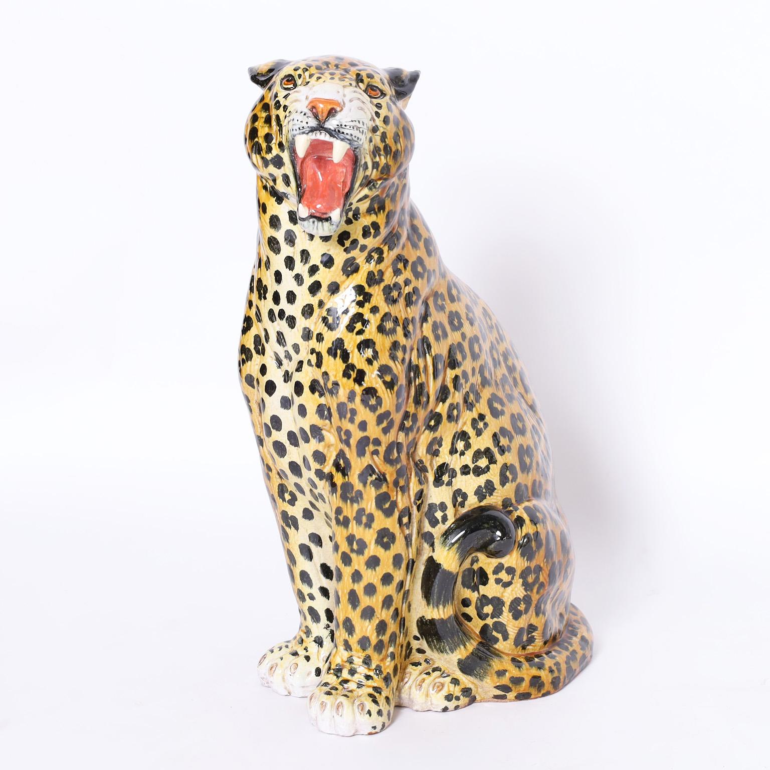 Unknown MidCentury Italian Glazed Earthenware Leopard Sculpture at