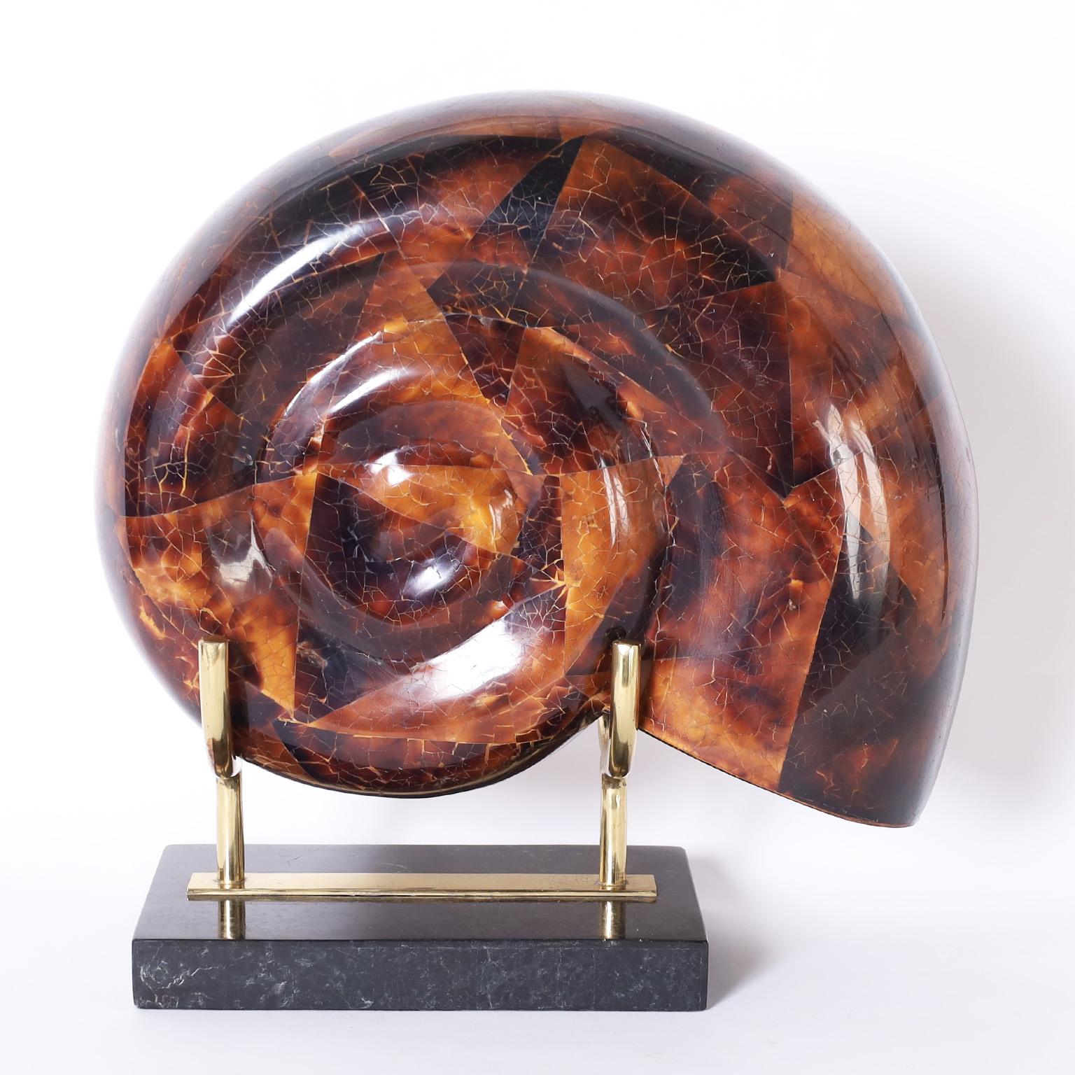 Mid-Century Tessellated Penshell Nautilus on Stand by Maitland-Smith - Sculpture by Unknown