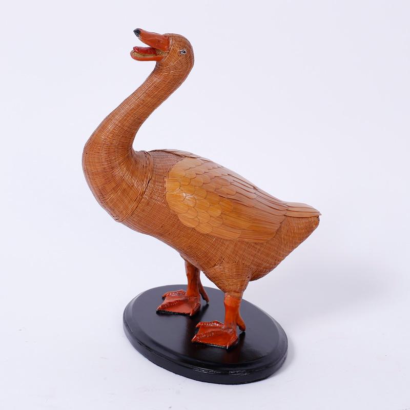 Midcentury Chinese Wicker Duck - Folk Art Sculpture by Unknown
