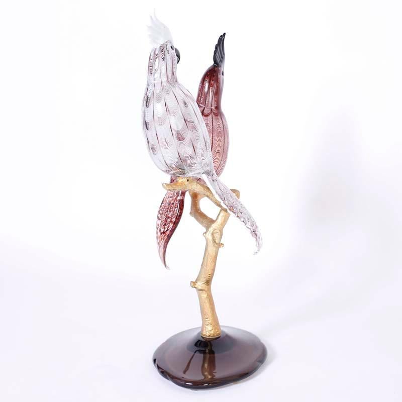 Scultura in vetro di Murano e bronzo con due uccelli di Zico Zanetti Murano, metà del secolo scorso - Sculpture Moderno di Unknown