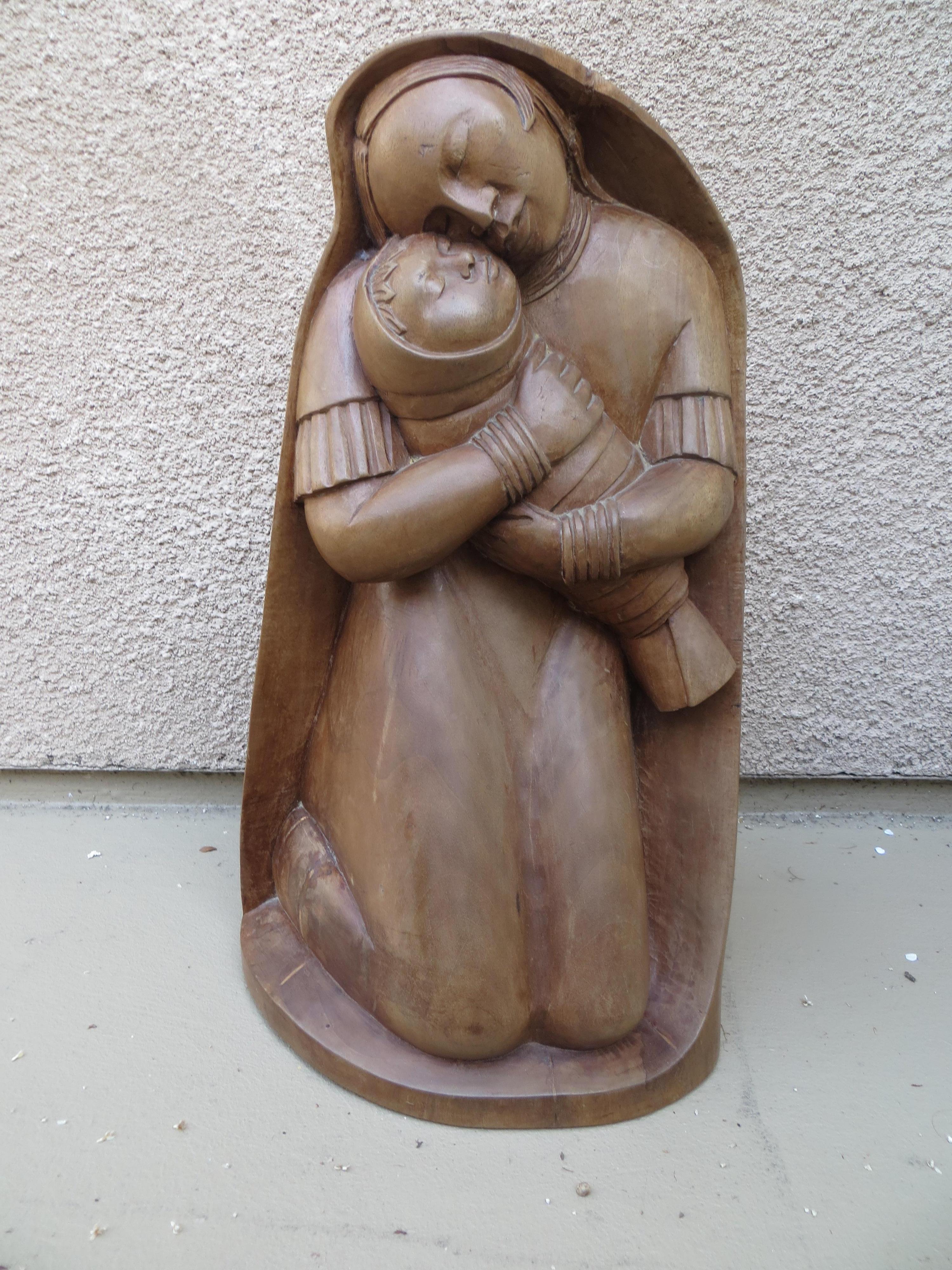Unknown Figurative Sculpture - Mexican Mid-XXst Century Sculpture In Rosewood "Maternity" 