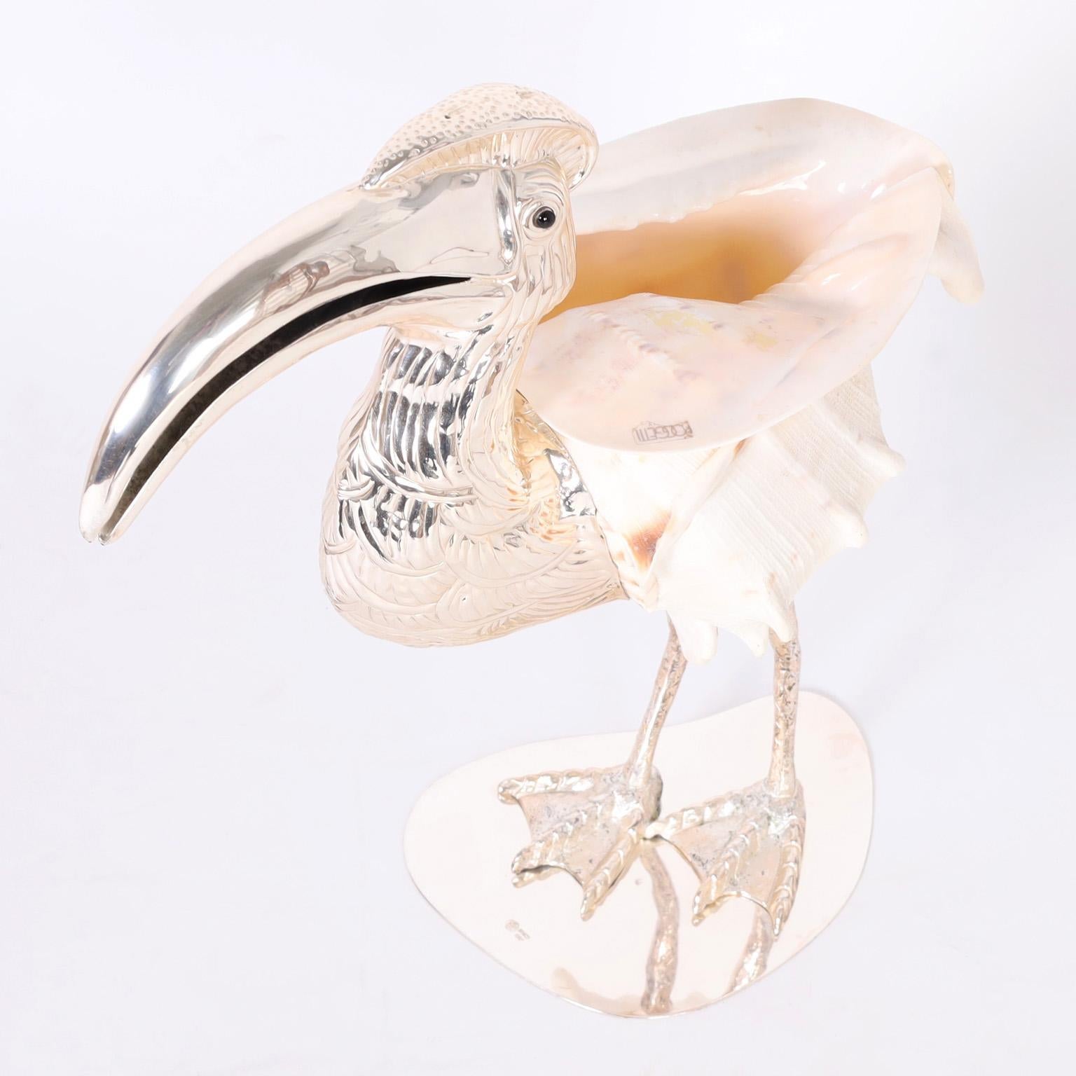 Impressive vintage waterfowl or bird sculpture crafted with an organic king helmets shell and silver plated metal. Signed Binazzi Italy and distributed by Oggetti.