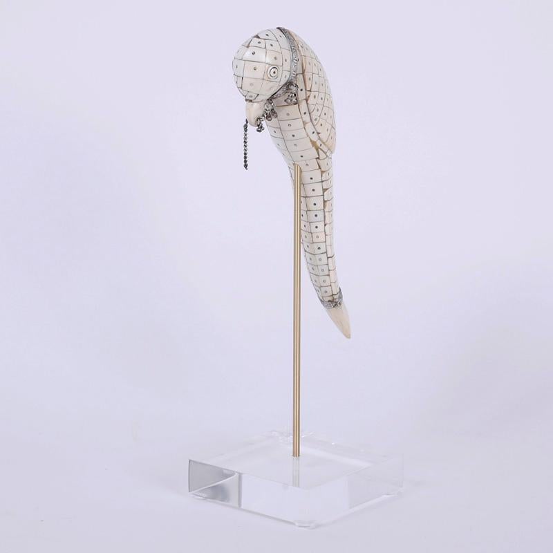 Midcentury Tessellated Bone Parrot on a Lucite Stand - Sculpture by Unknown