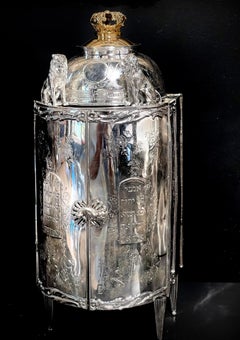 Miniature small Torah silver ark with a gilded crown with the Ten Commandments