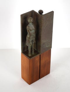 Modern Brutalist Figurative Bronze & Wood Small Sculpture 