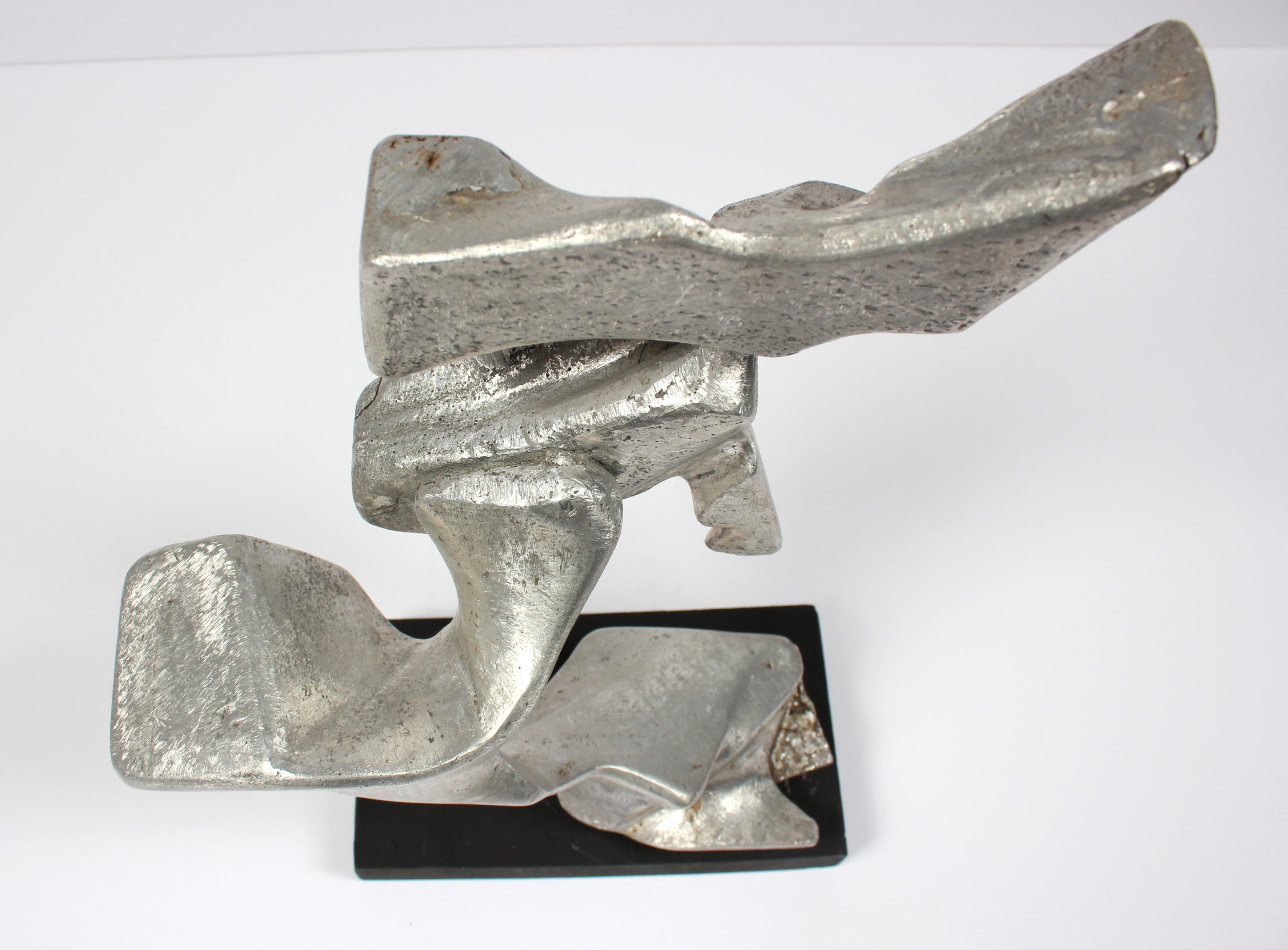 Molten Forms Painted Sculpture in Silver Metallic on Wood Base 1