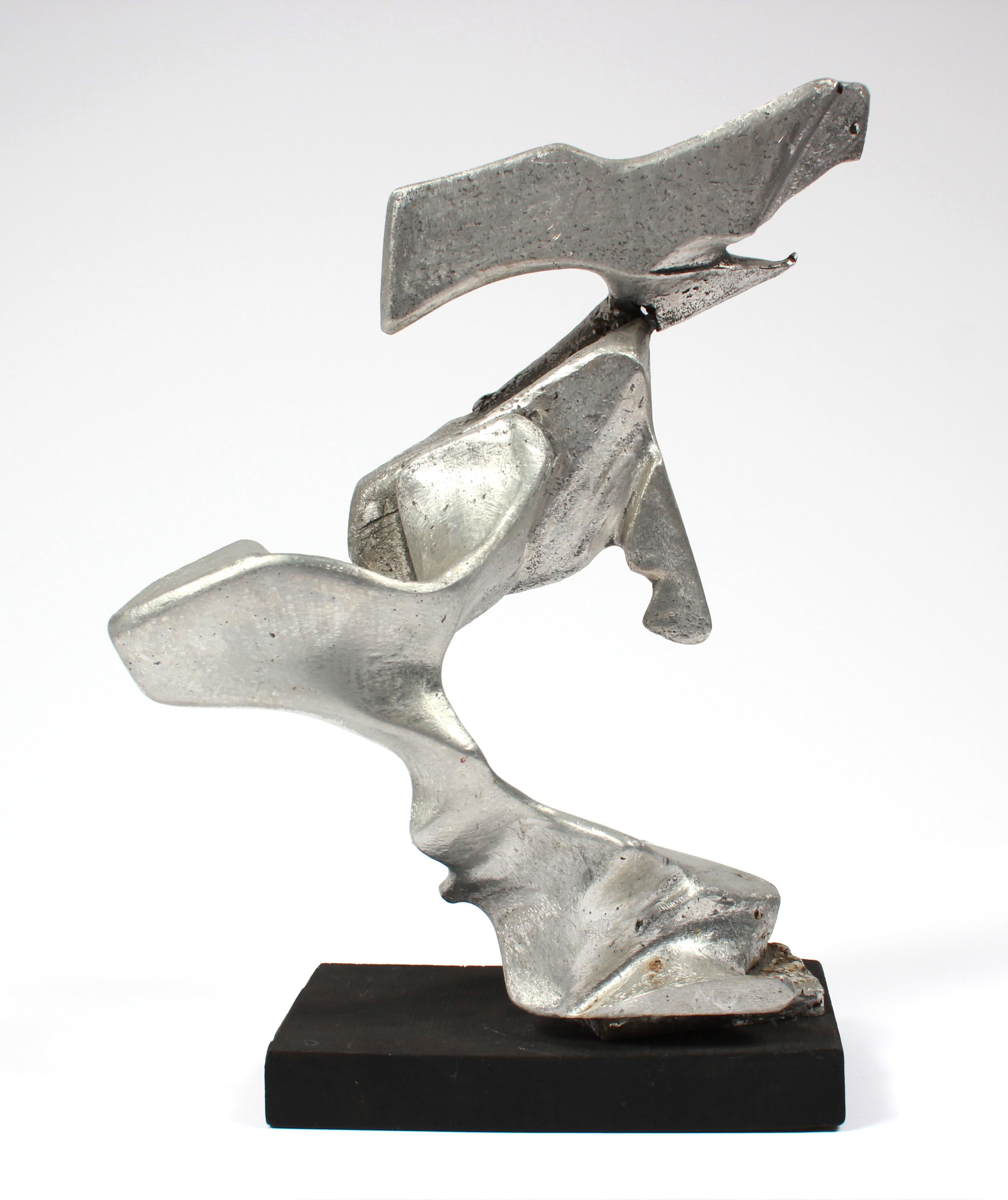 Unknown Abstract Sculpture - Molten Forms Painted Sculpture in Silver Metallic on Wood Base