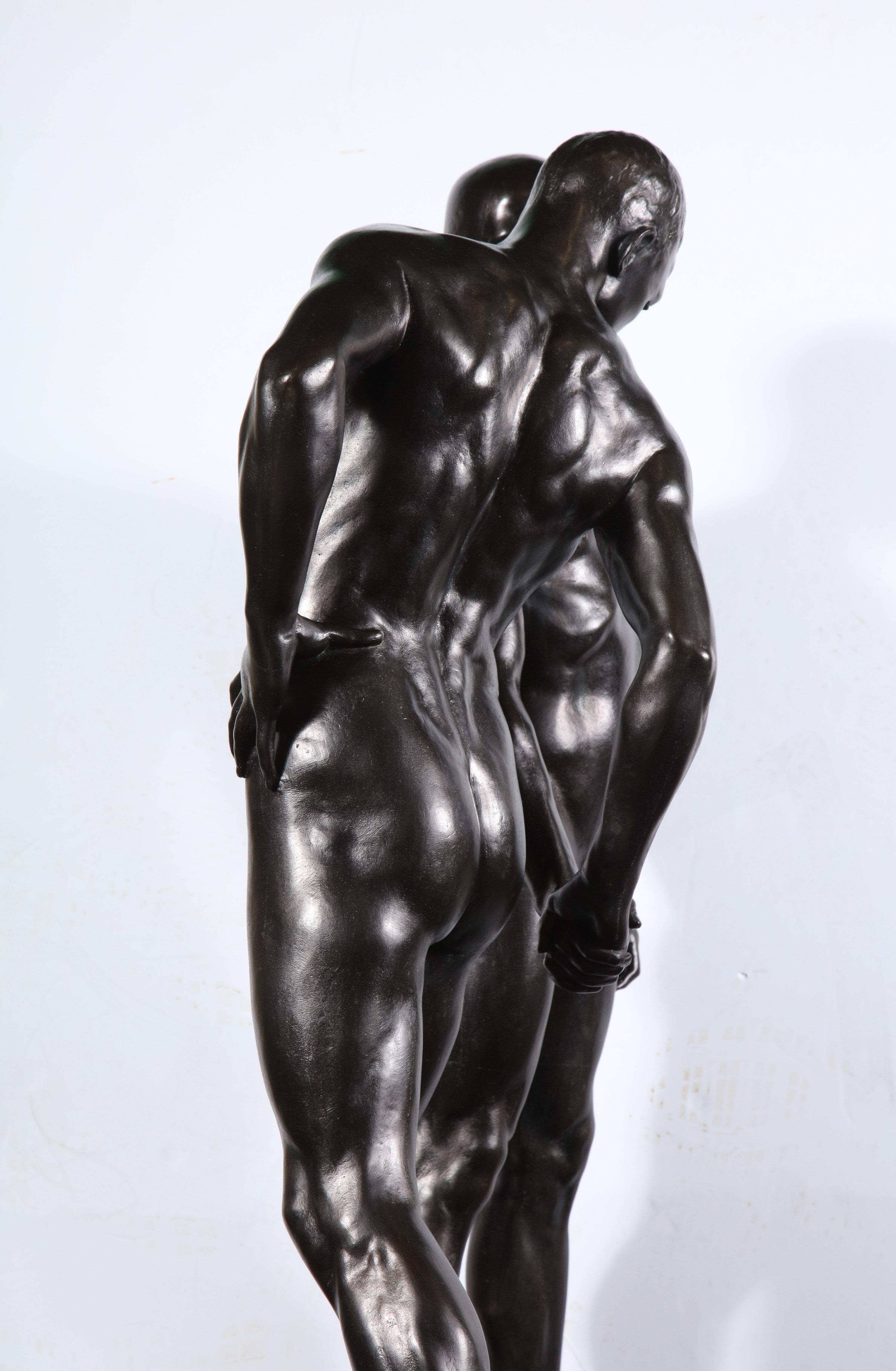 Monumental and Striking Patinated Bronze Figure of Two Male Nude Erotic Lovers 3
