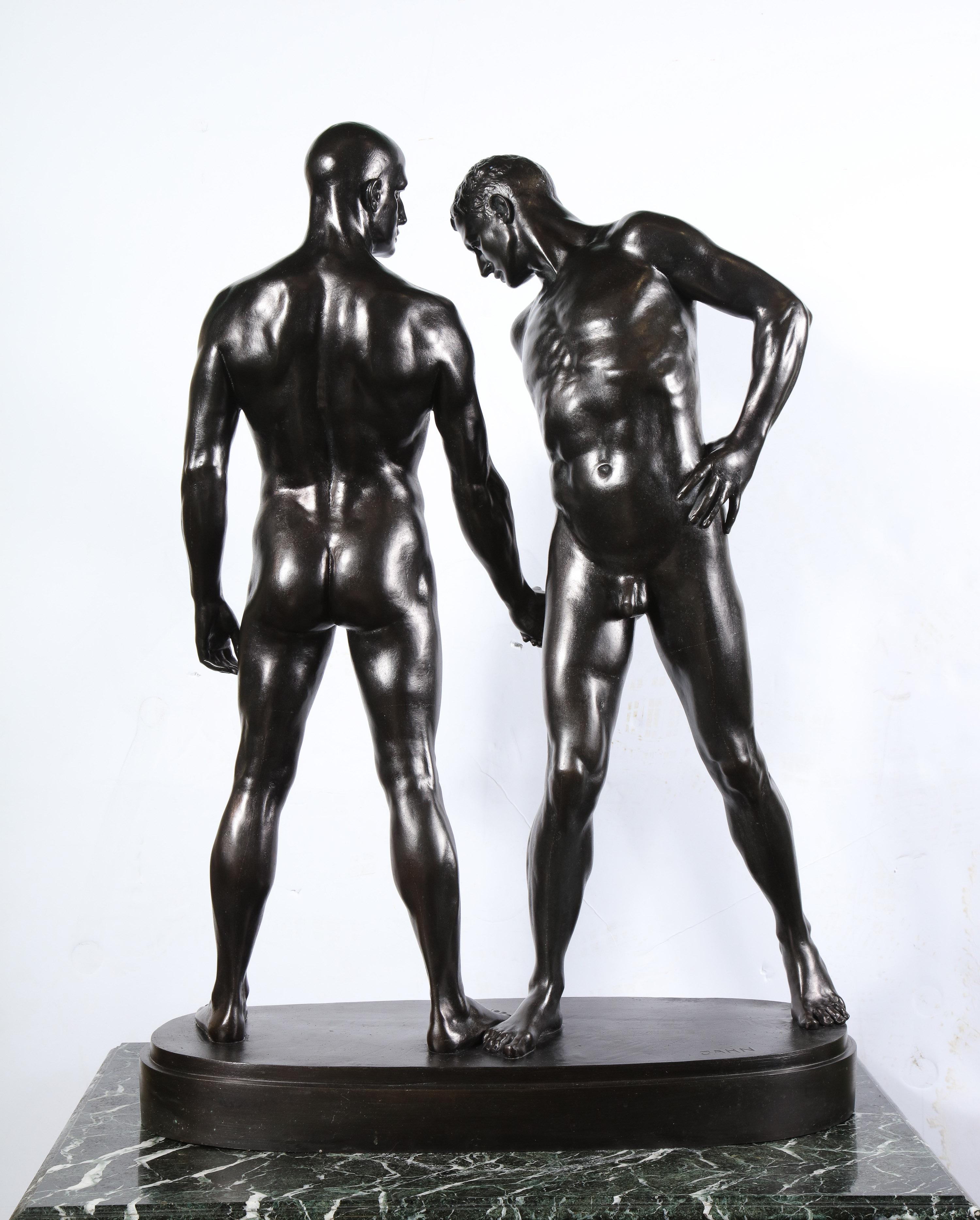Monumental and Striking Patinated Bronze Figure of Two Male Nude Erotic Lovers 9