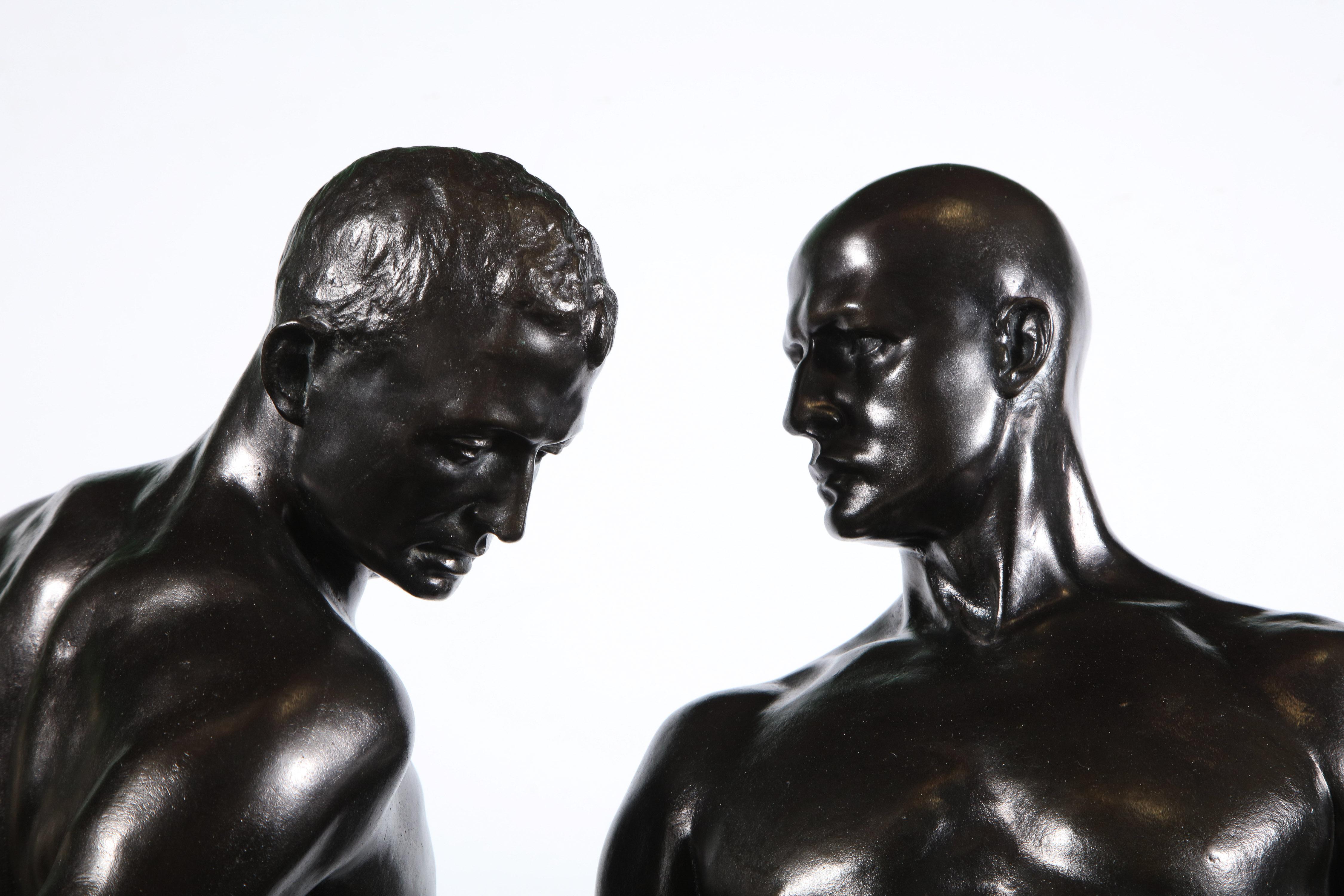Monumental and Striking Patinated Bronze Figure of Two Male Nude Erotic Lovers - Academic Sculpture by Unknown