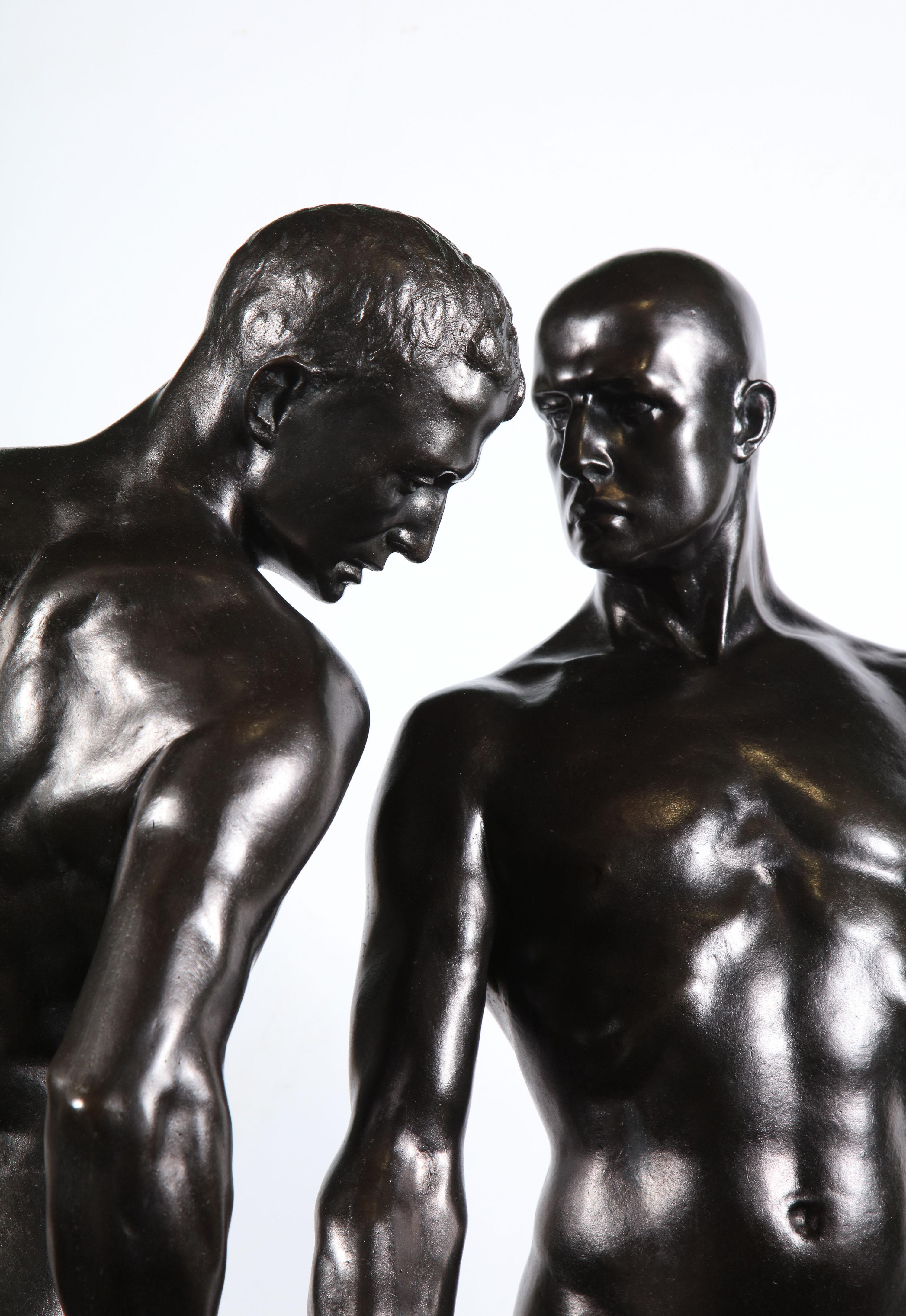 Monumental and Striking Patinated Bronze Figure of Two Male Nude Erotic Lovers 1