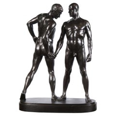 Monumentale und auffällige patinierte Bronzefigur zweier männlicher nackter erotische Liebhaber