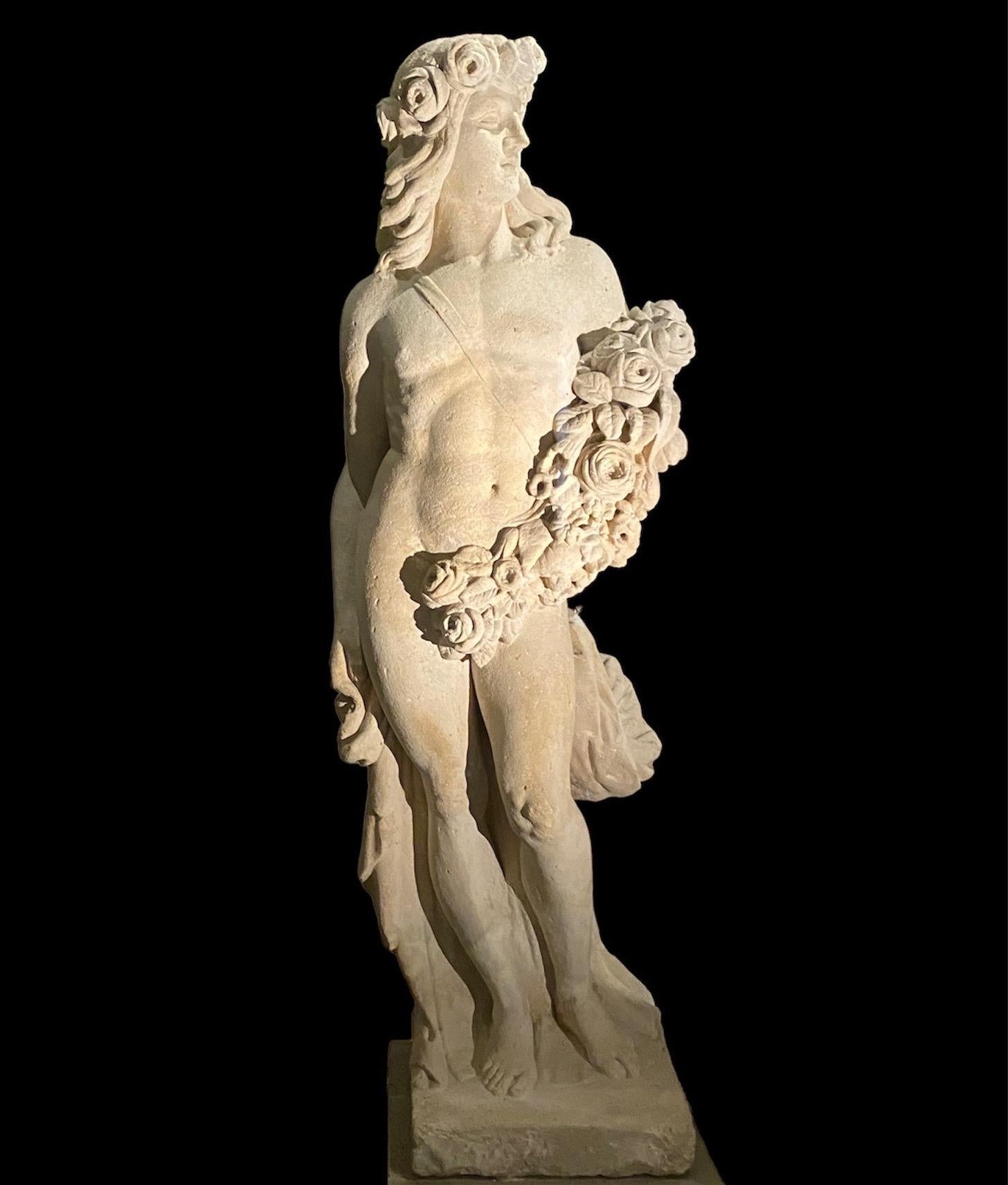 Monumental and rare finely carved 18' century mythological subject sculpture  of Apollo with flowers. 
  Very good condition from an estate of Veneto. We can deliver in a wooden cases 
