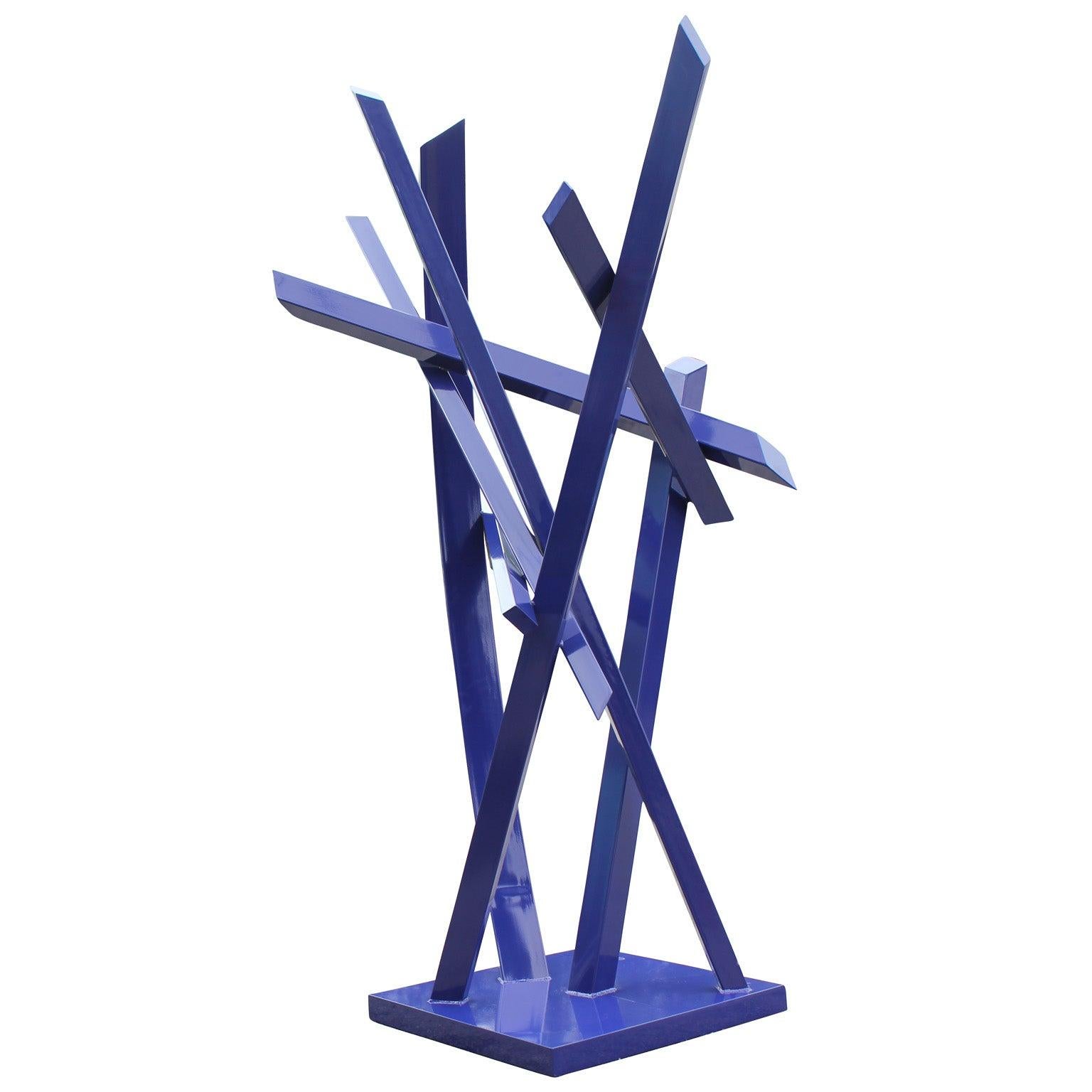 Huge 12ft tall cobalt blue powder coated steel abstract sculpture. The sculpture is stunning in person and looks incredible from all angles. The piece has been industrially powder coated and should last many years in all weather types. It could also