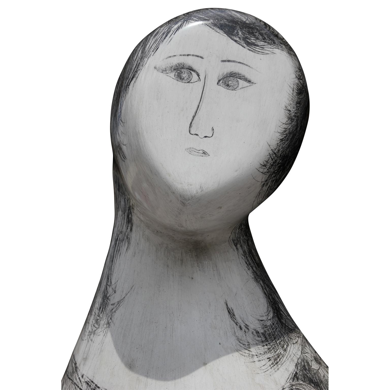 Large monumental size Gaia Mother Earth sculpture made out of clay and drawn on using charcoal. The piece is in the style of Modigliani's figurative portraits. 