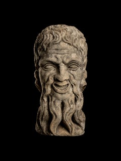 Monumental Mythological Stone Sculpture Portrait of Bearded Man Central Italy 