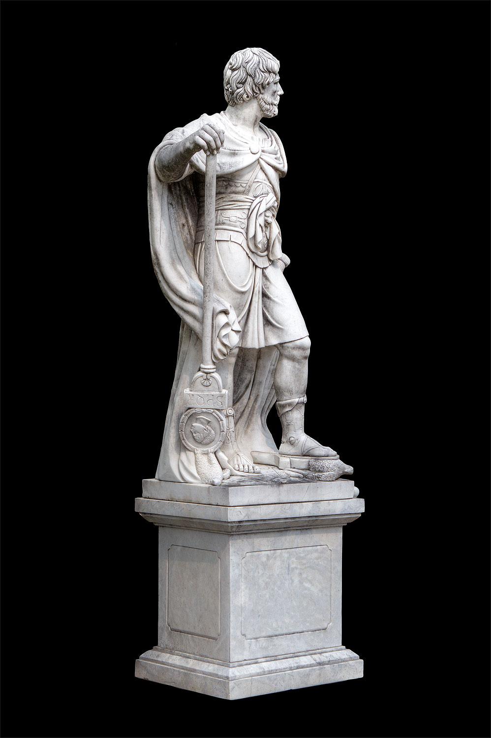 Pareja monumental de esculturas de figuras clásicas en mármol blanco - Sculpture Moderno de Unknown