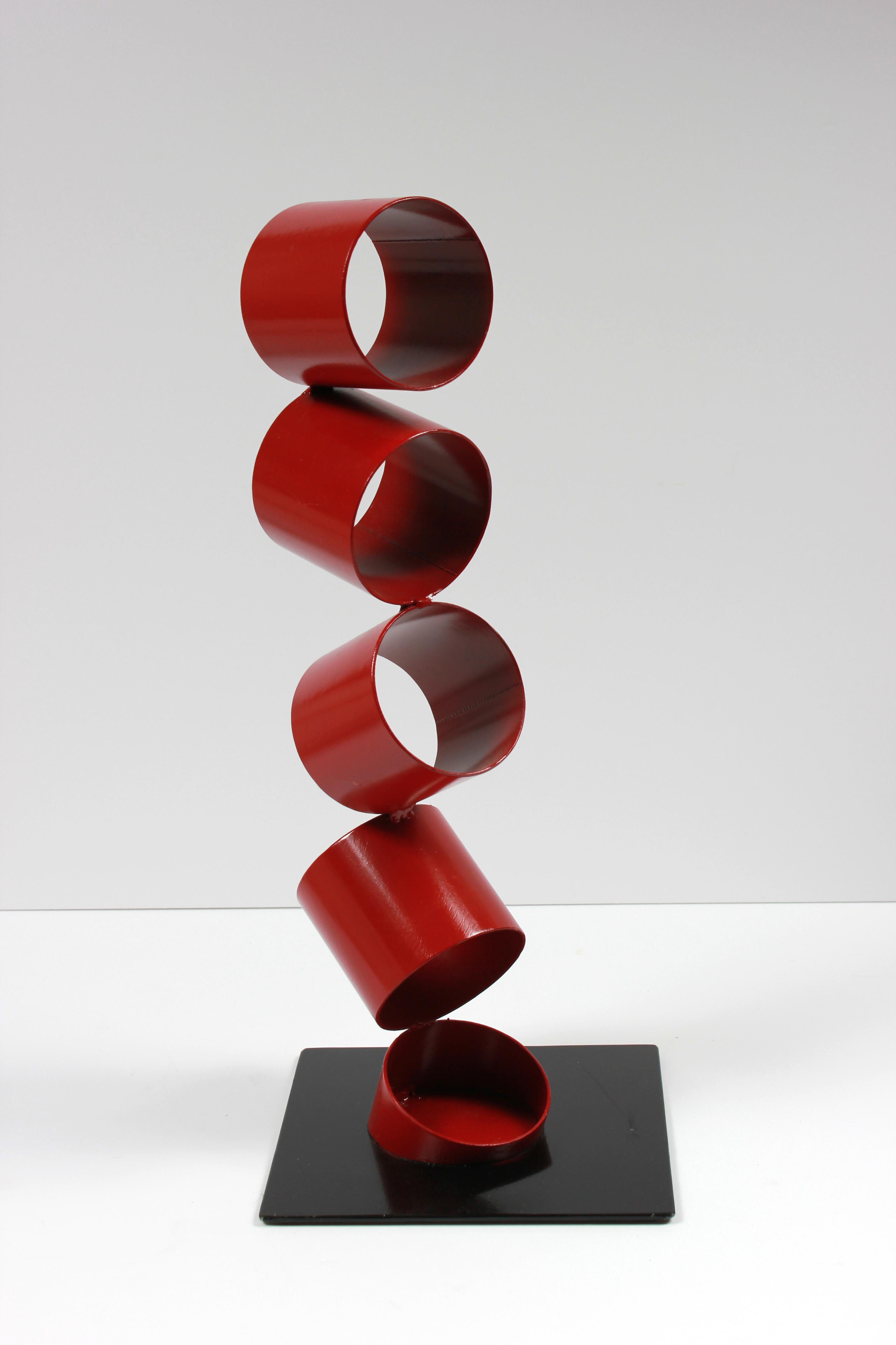 Multimedia Metal Sculpture of Six Red Rings in an Angled Stack - Gray Abstract Sculpture by Unknown