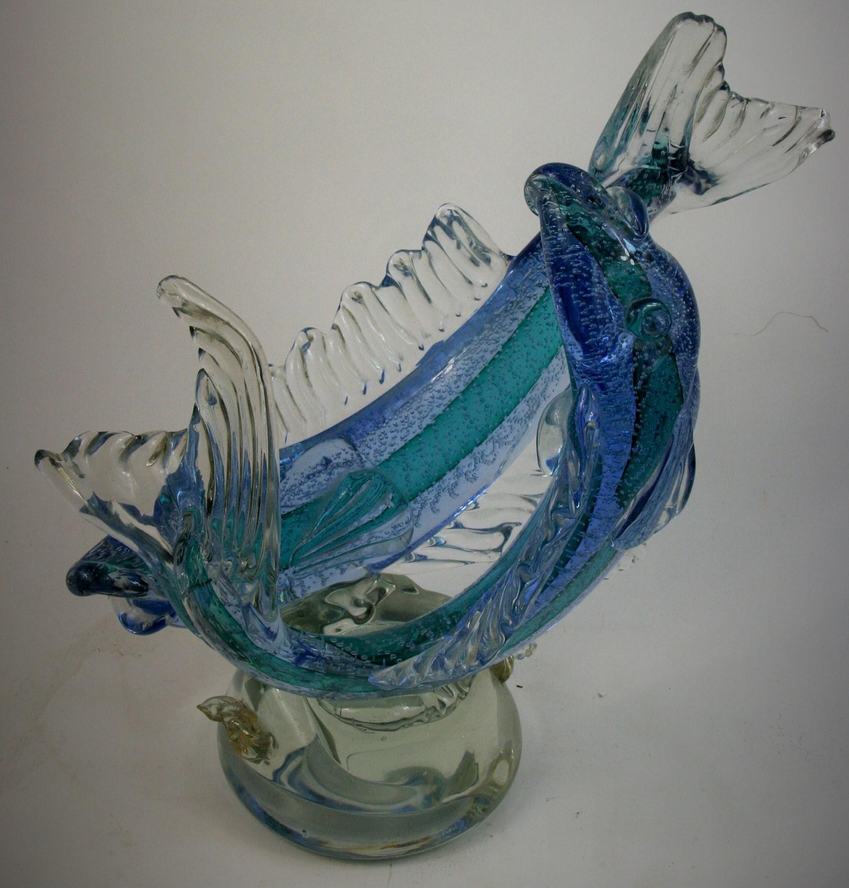 Murano Blue and Aqua Double Fish Sculpture - Gray Abstract Sculpture by Unknown