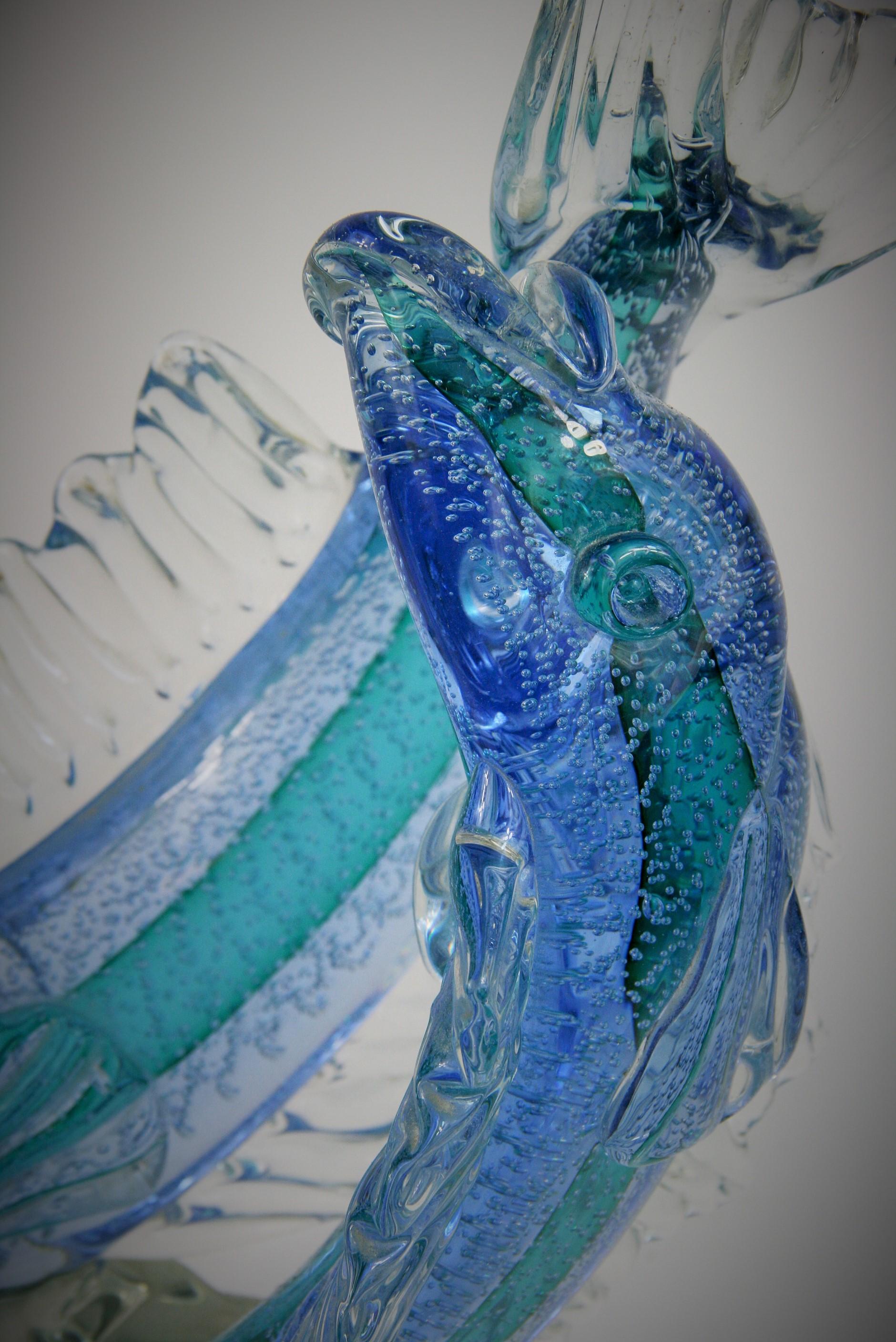 2-299 Murano hand made double fish sculpture in blue and aqua glass with internal bubbles