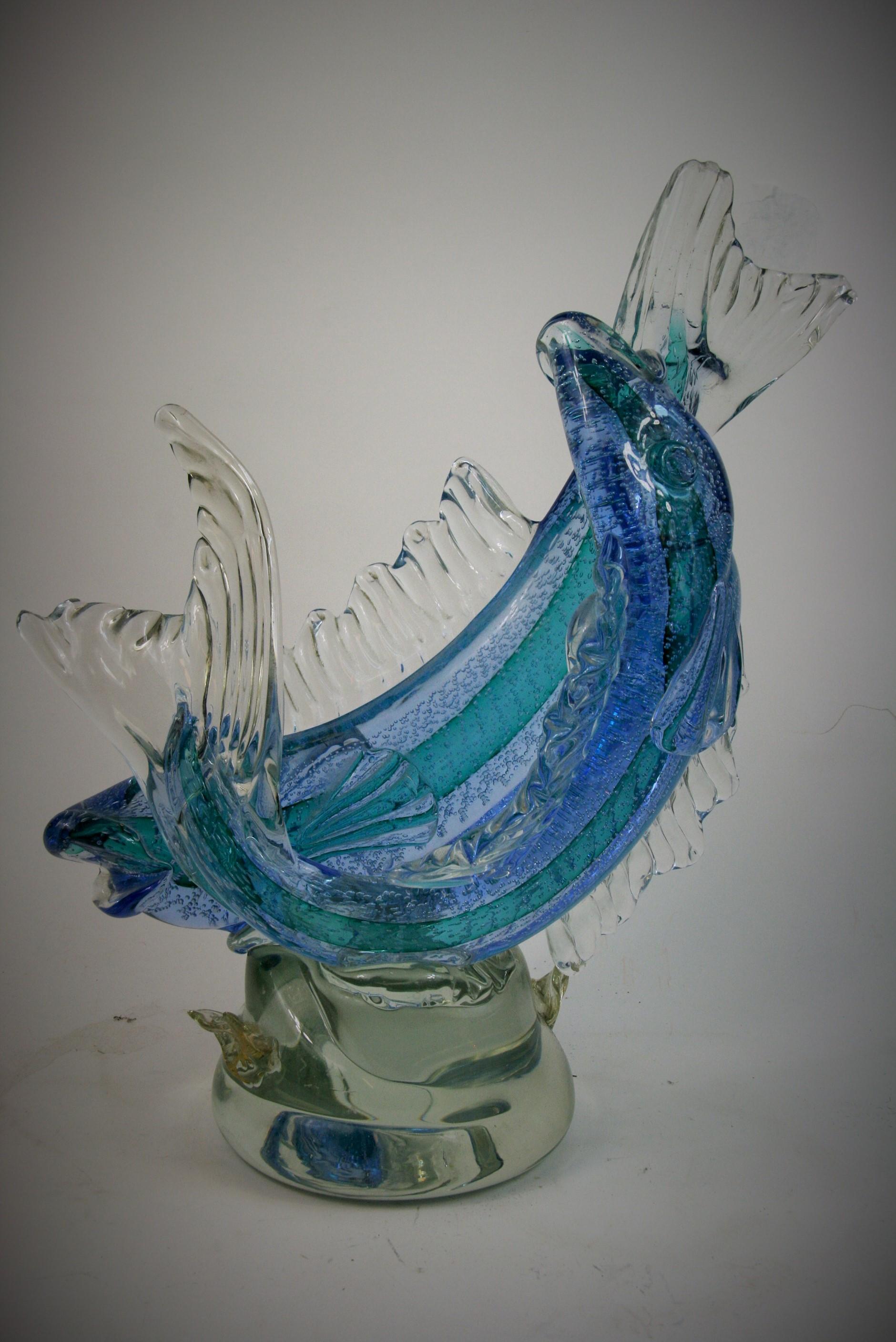 Unknown Abstract Sculpture - Murano Blue and Aqua Double Fish Sculpture