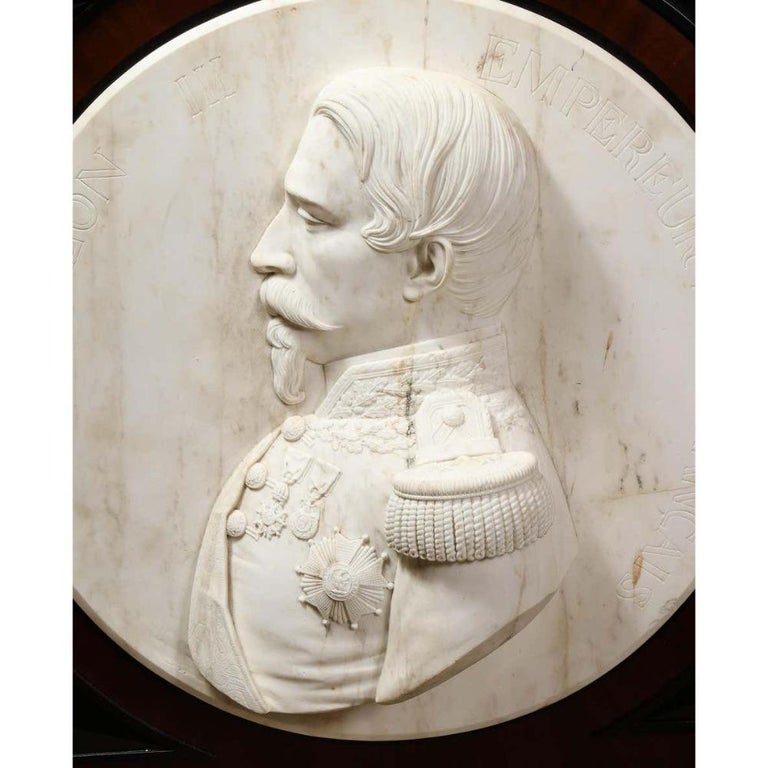 A Museum Quality French White Marble Roundel Relief of Emperor Napoleon III, circa 1860.  

The quality of this marble sculpture of Napoleon III is truly phenomenal. This is a one of a kind collectors piece.  

The Emperor is sculpted in high relief