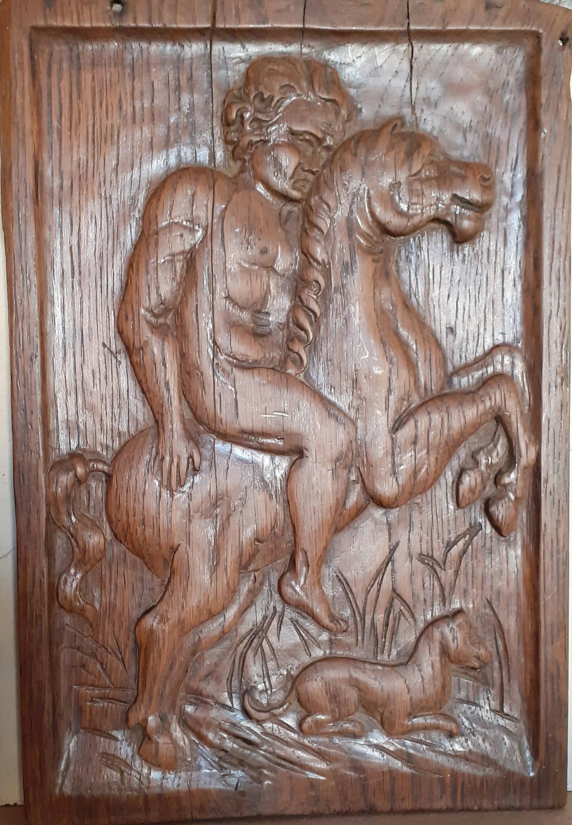 Sculpture française en relief représentant une scène mythologique : cavalier masculin nu et son chien - Marron Nude Sculpture par Unknown