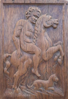 Mythological scene: naked male rider and his dog French relief sculpture carving