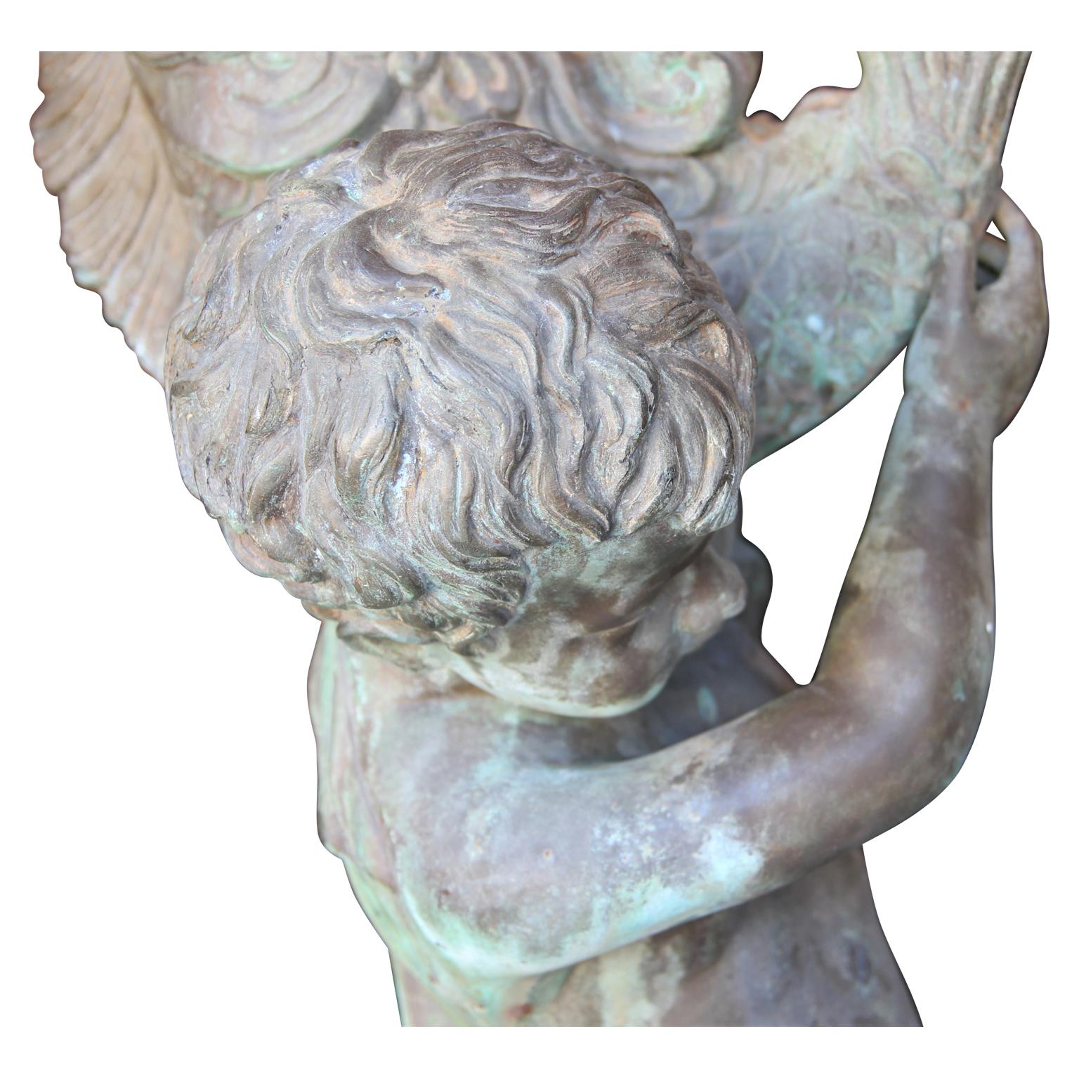 Neoclassical Cupid Holding Fish Patinaed Bronze Fountain Sculpture  For Sale 2