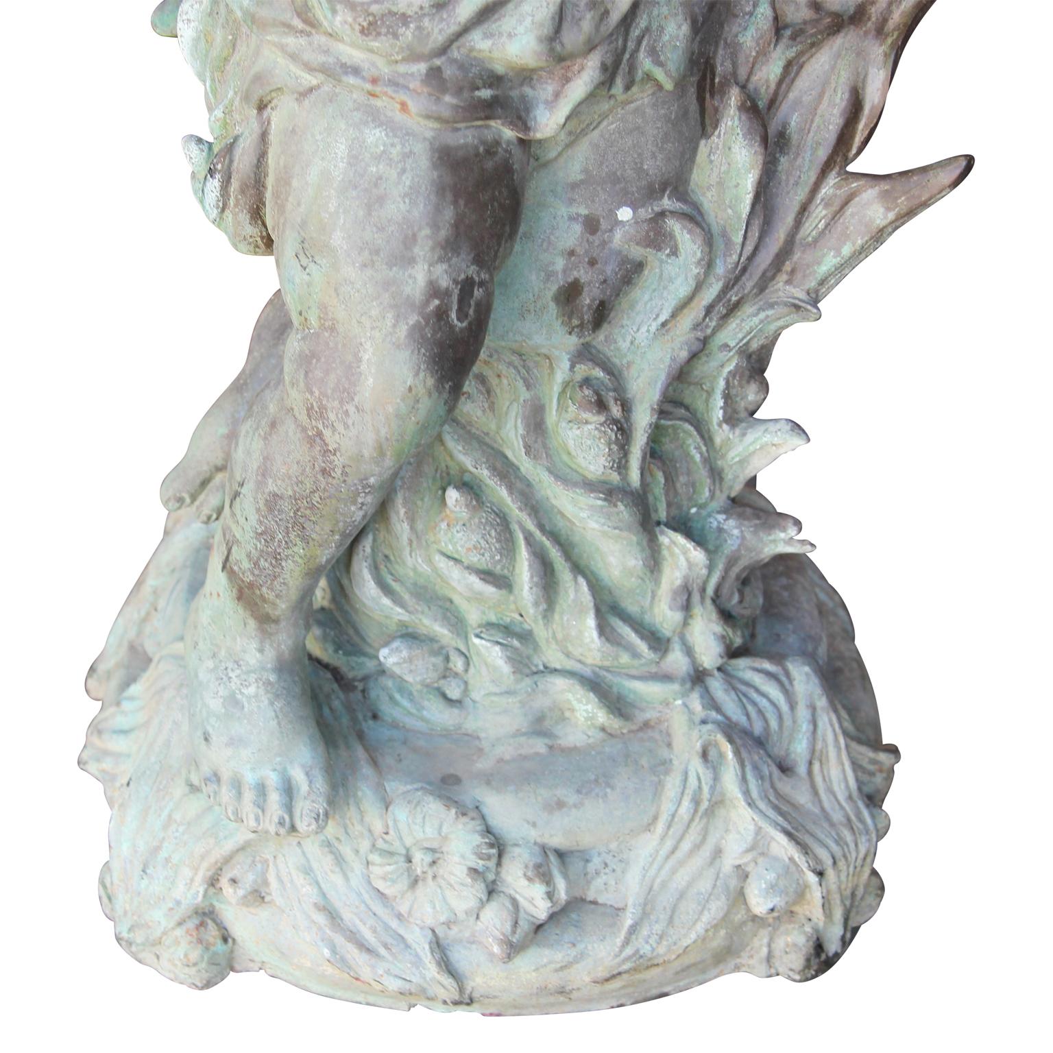 Neoclassical Cupid Holding Fish Patinaed Bronze Fountain Sculpture  For Sale 3