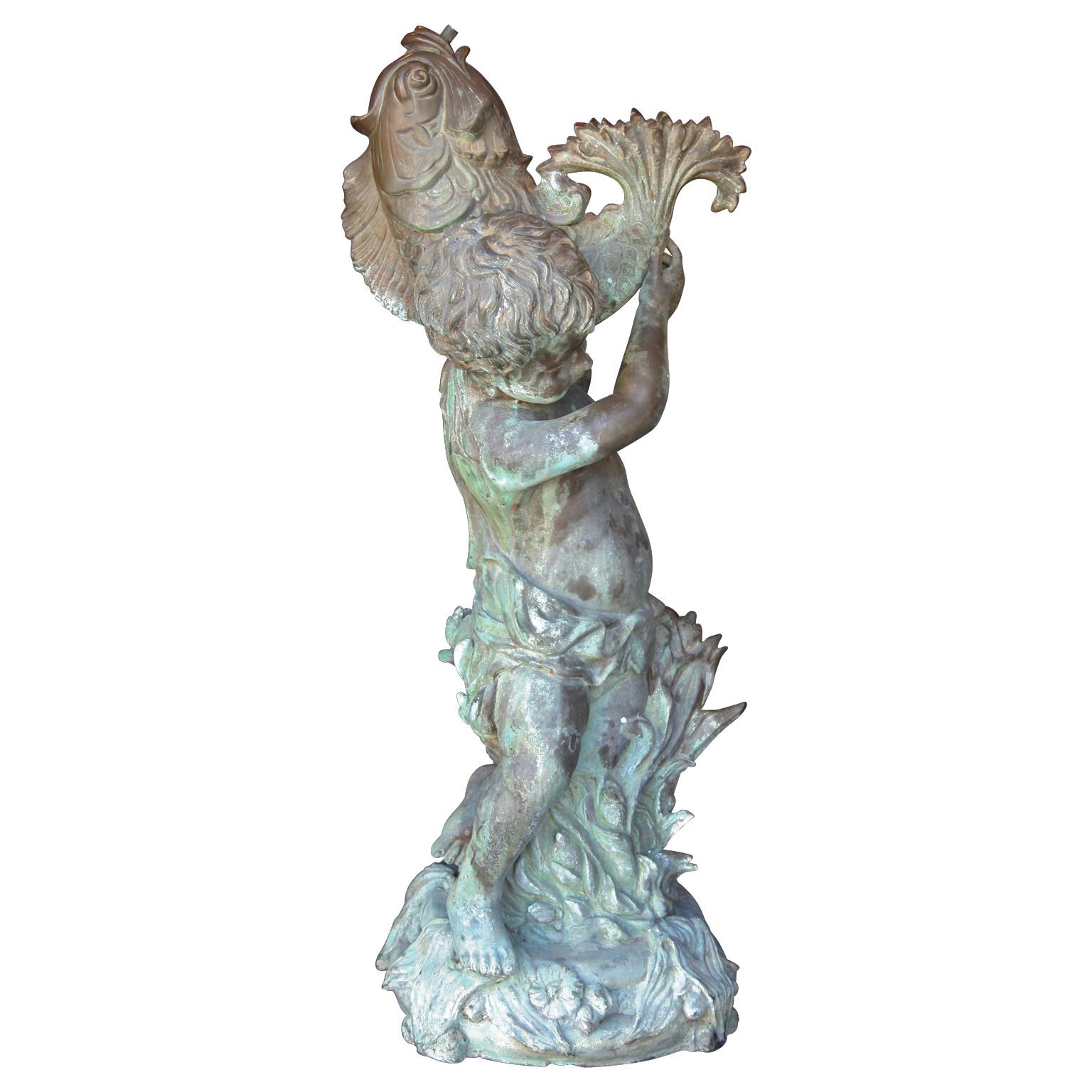 Unknown Figurative Sculpture - Neoclassical Cupid Holding Fish Patinaed Bronze Fountain Sculpture 