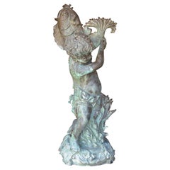 Neoclassical Cupid Holding Fish Patinaed Bronze Fountain Sculpture 