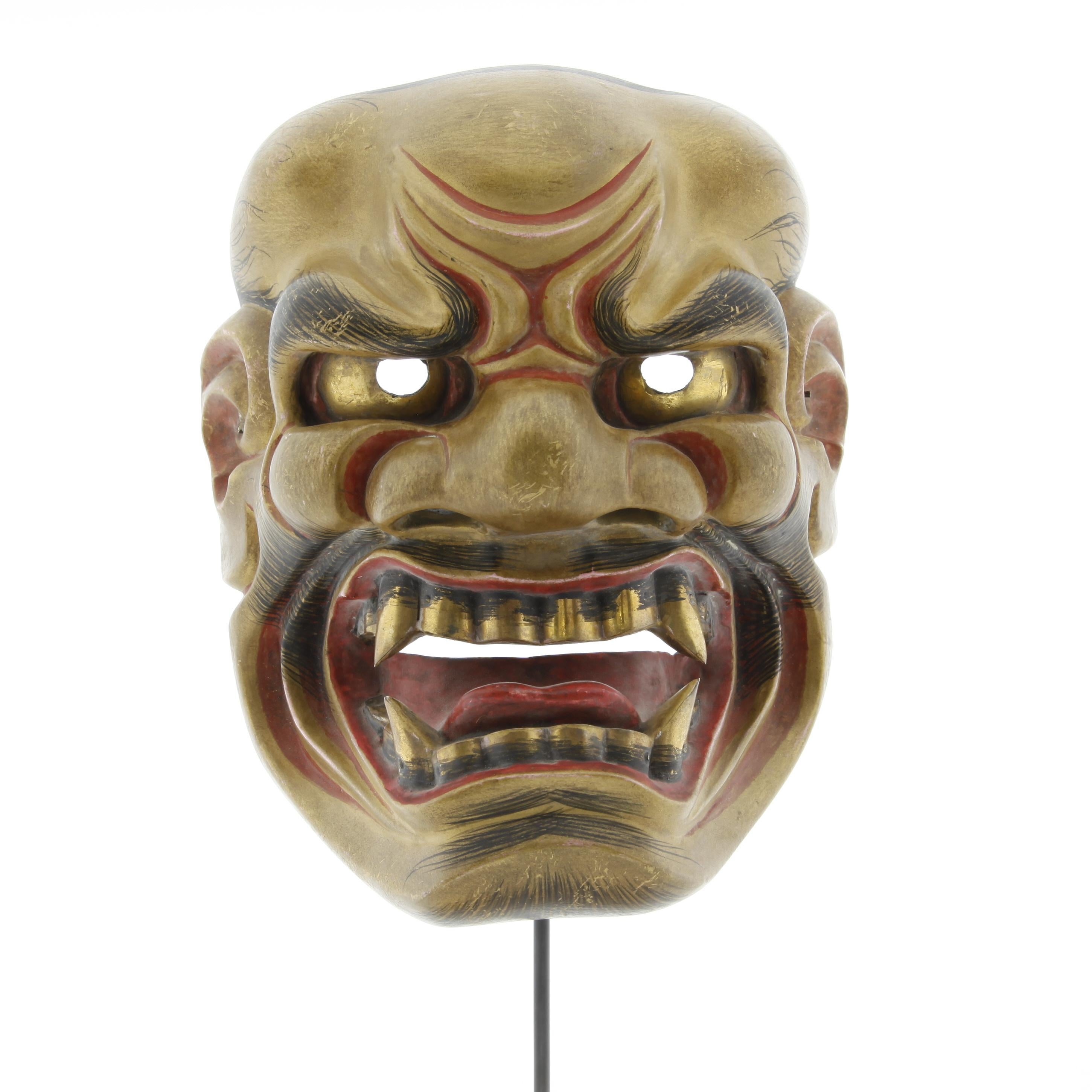 Unknown Figurative Sculpture - Noh Mask of a Fierce God, Actor, Japanese Theatre, Drama, 19th Century Woodcraft