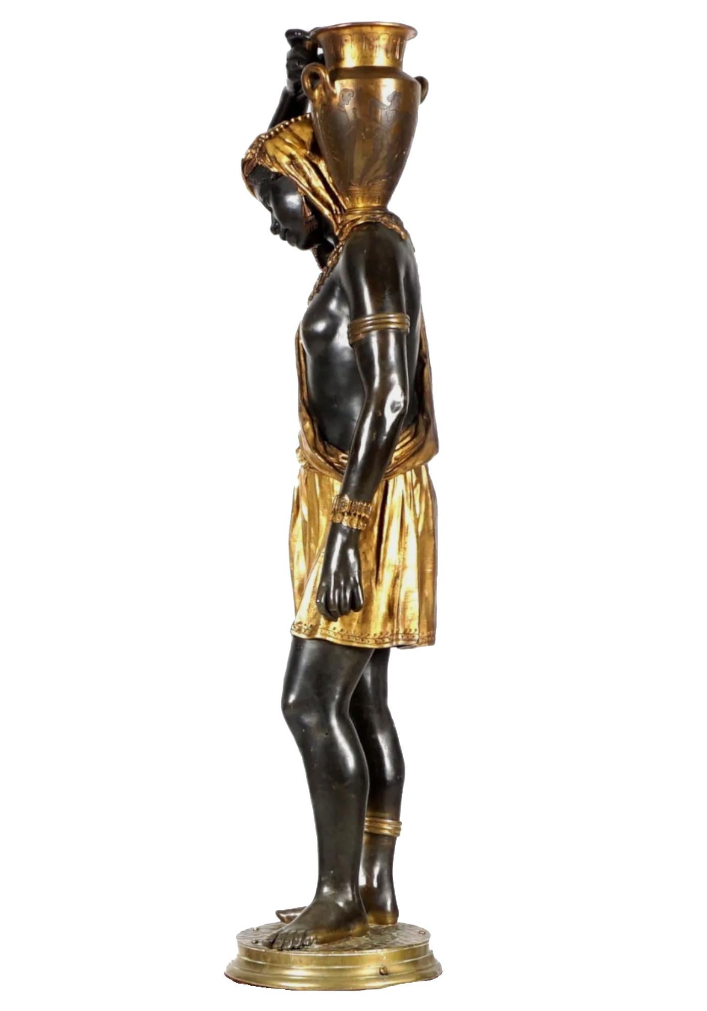 Nubian Water Carrier in Gilt & Patinated Bronze Attributed Graux-Marly Foundry For Sale 2