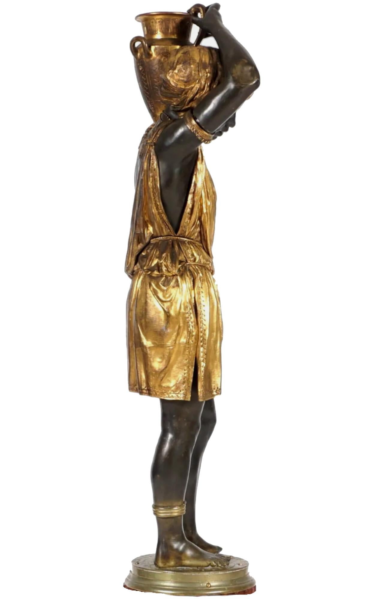 Nubian Water Carrier in Gilt & Patinated Bronze Attributed Graux-Marly Foundry For Sale 6