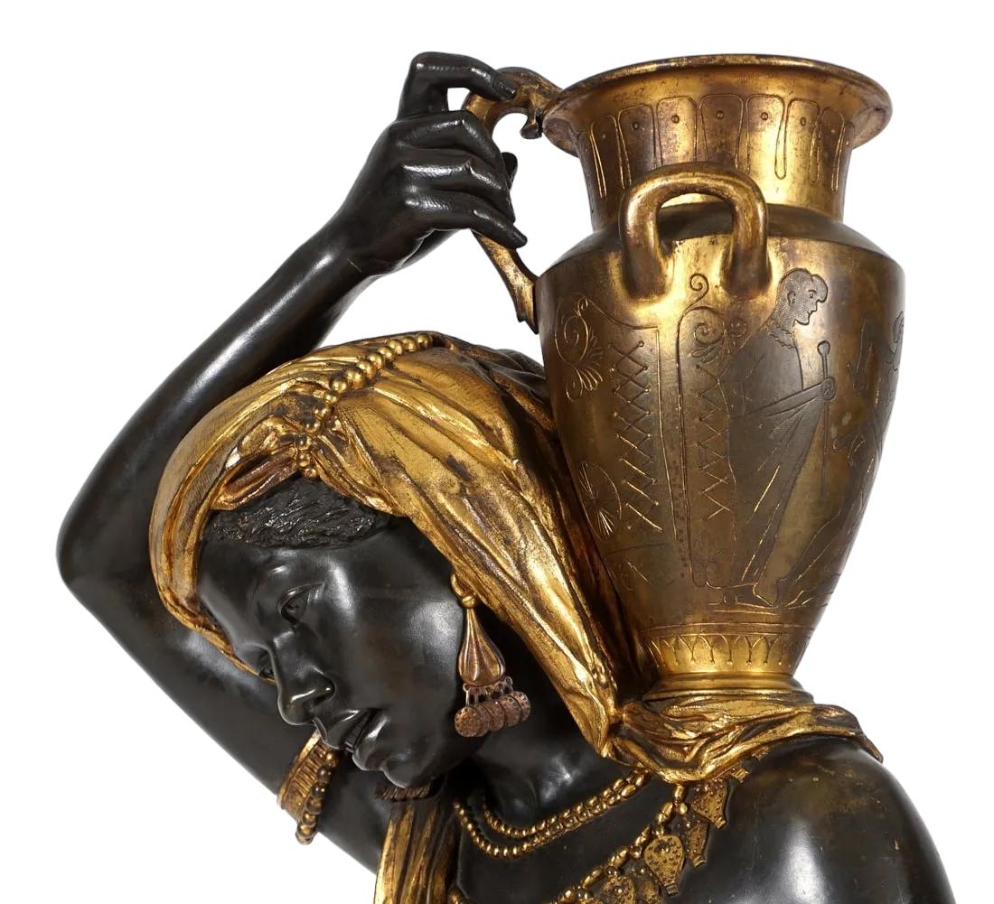Nubian Water Carrier in Gilt & Patinated Bronze Attributed Graux-Marly Foundry For Sale 4