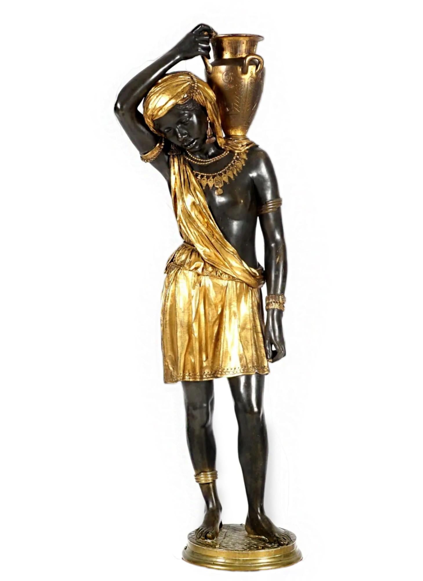 Unknown Figurative Sculpture - Nubian Water Carrier in Gilt & Patinated Bronze Attributed Graux-Marly Foundry