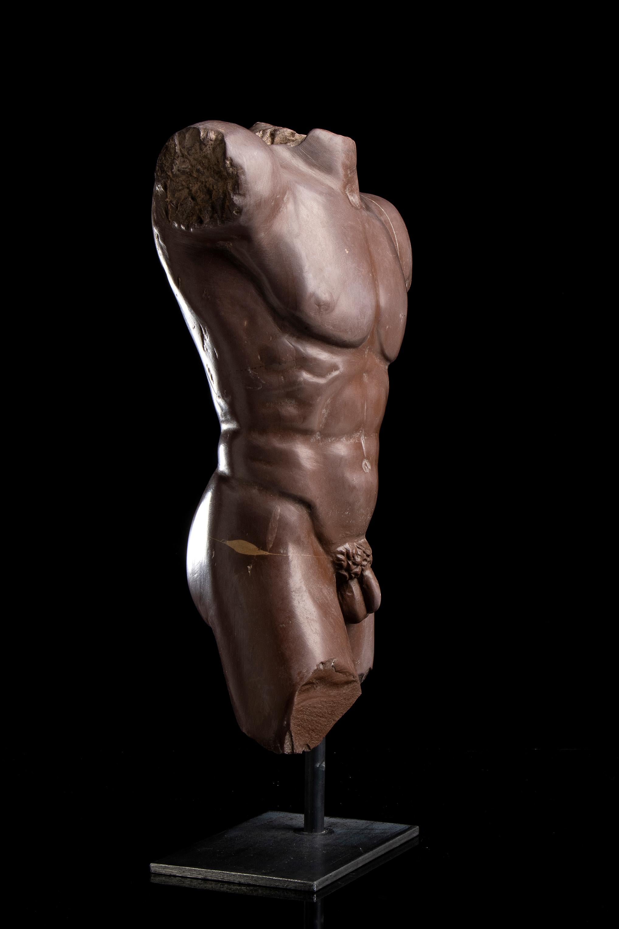 Nude Torso Sculpture of Athlete Rosso Antico Specimen Marble 10