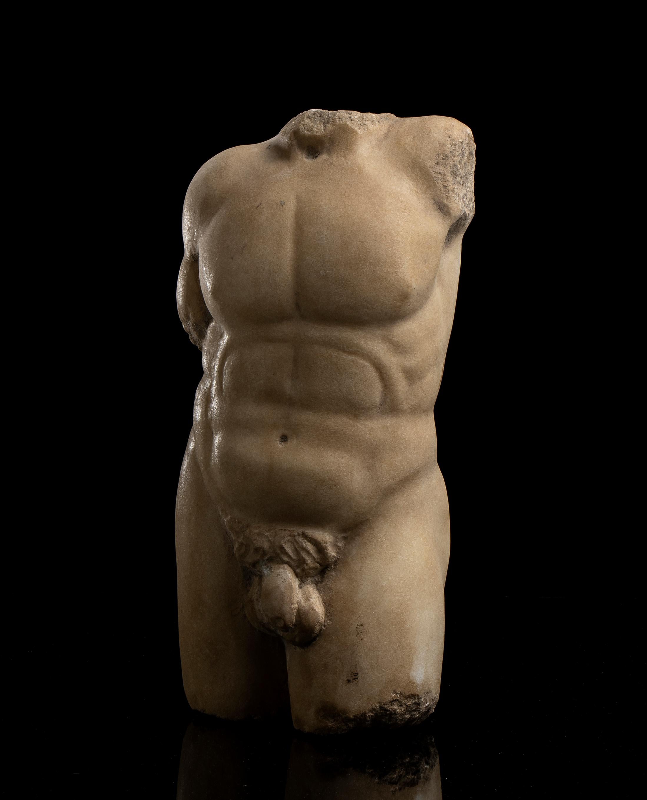 An interesting classical greek male torso sculpture carved in a white statuary marble in grand tour style, in contrapposto position.
Contrapposto (Italian pronunciation: [kontrapˈposto]) is an Italian term that means 
