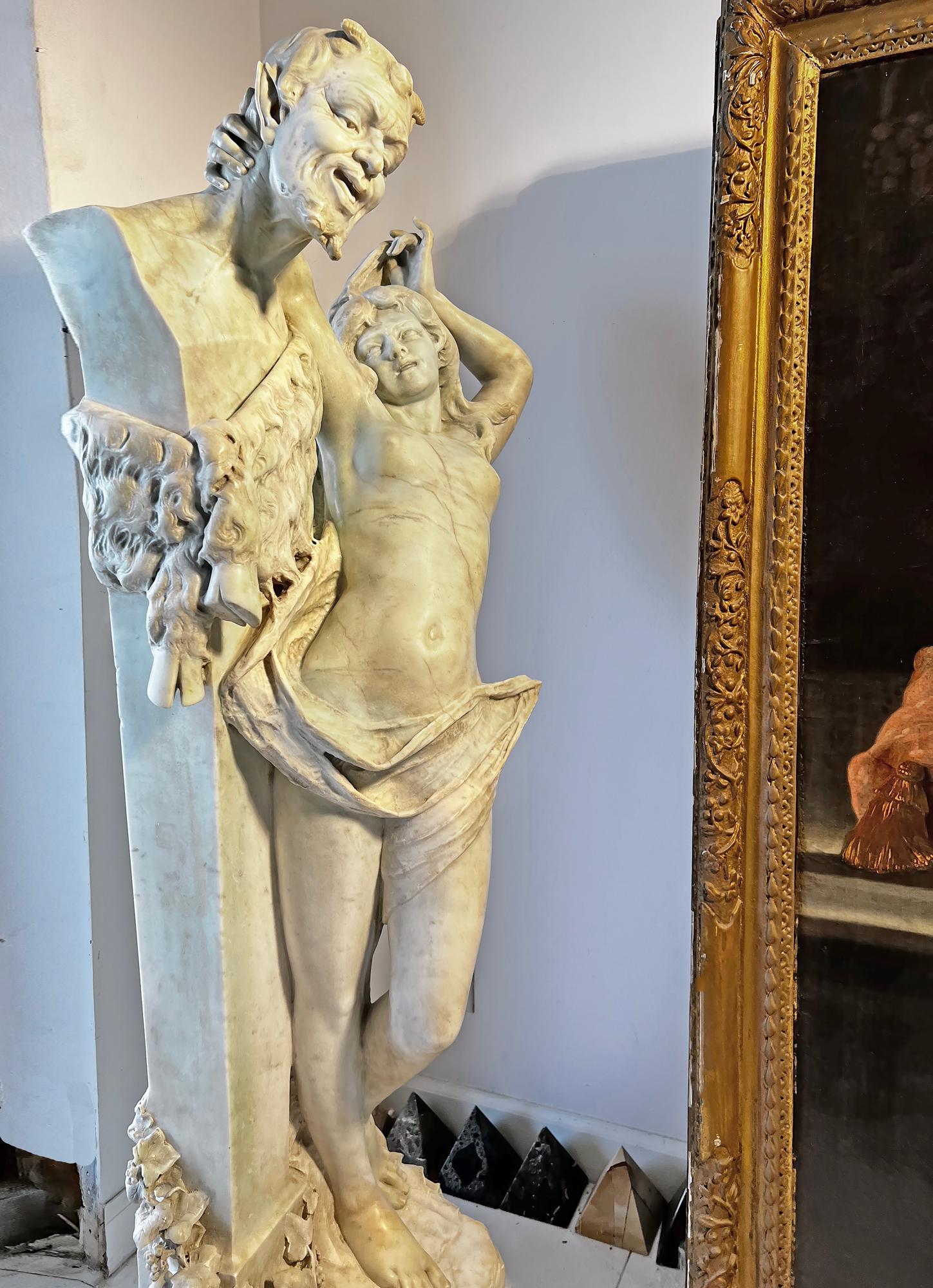 Erotic Mythological Marble Figural, Nude woman, Bacchante and Satyr Herm For Sale 3