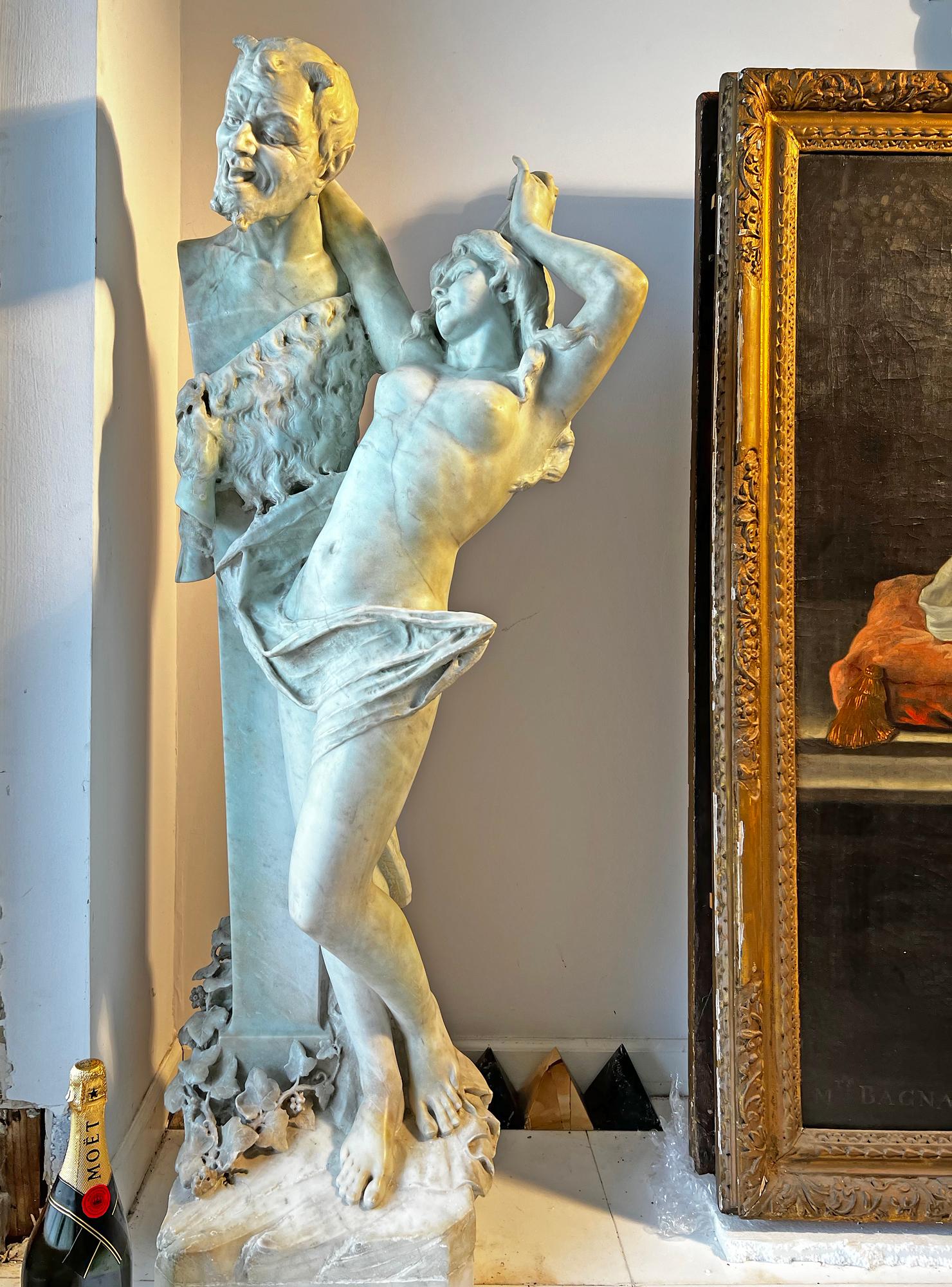 Erotic Mythological Marble Figural, Nude woman, Bacchante and Satyr Herm For Sale 6