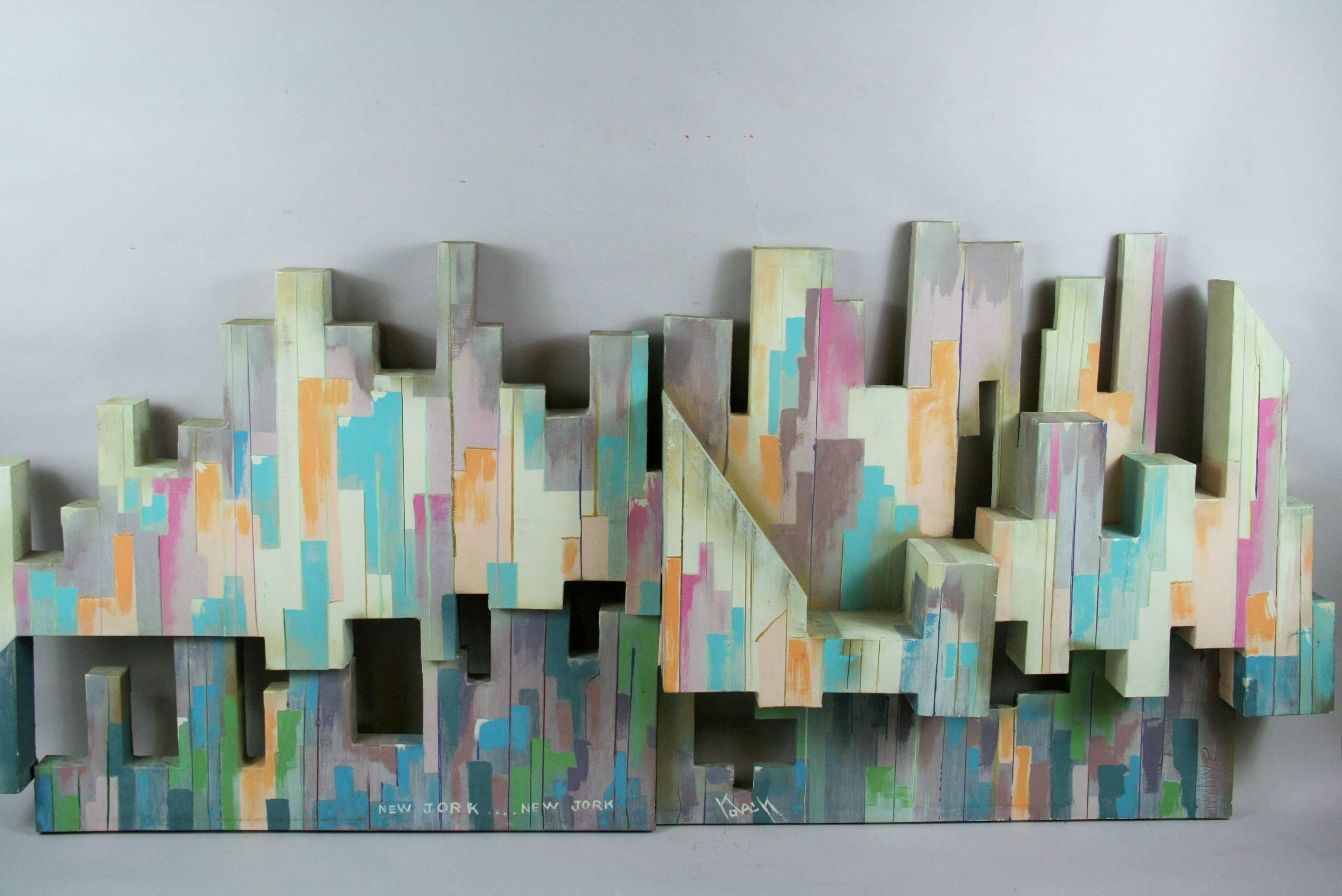 Unknown Abstract Sculpture - City Skyline Sculptural Painting by Yolay