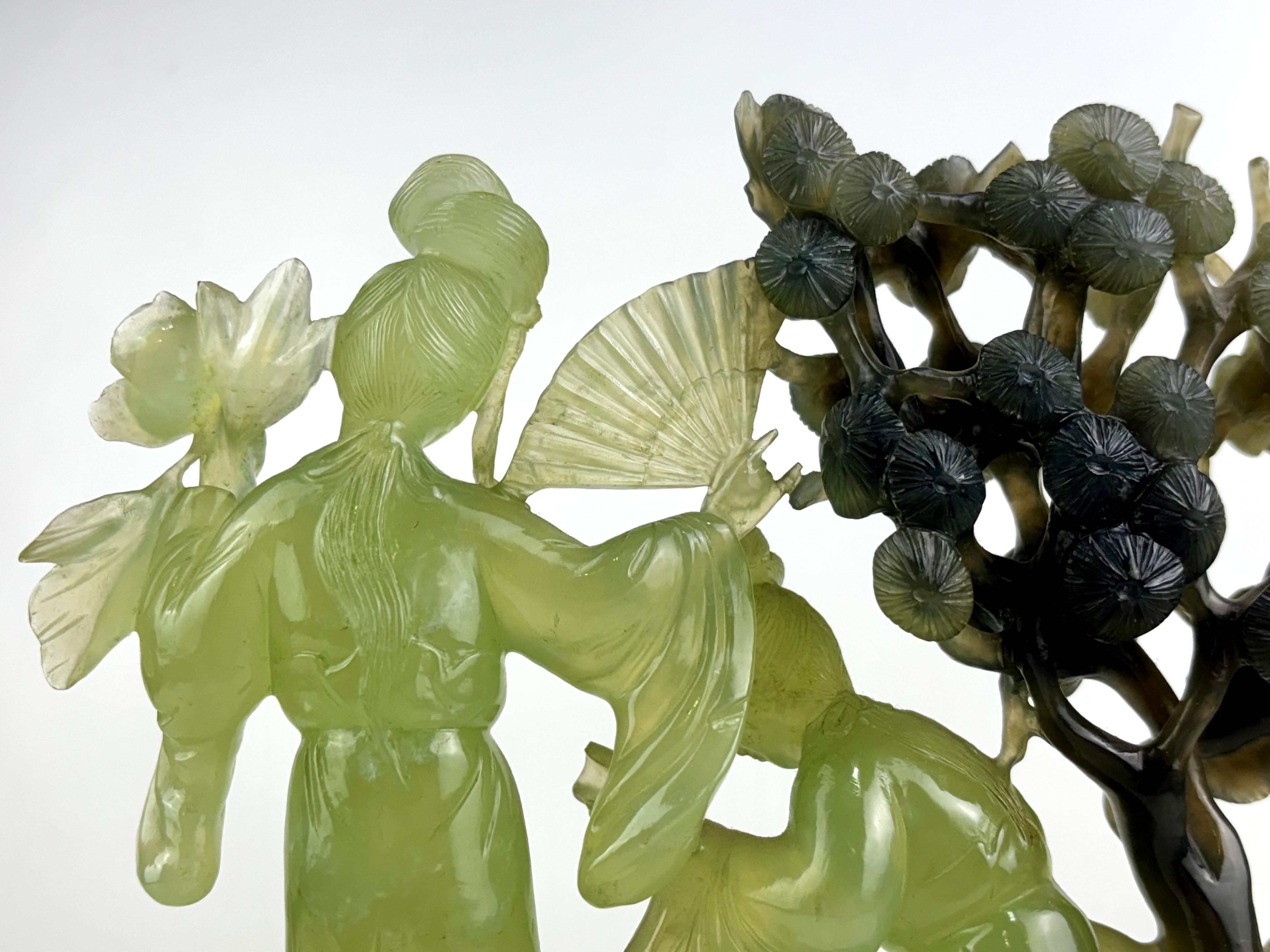 Oriental Jade Sculpture of Two Court Ladies with Tree – Mid-20th Century For Sale 9