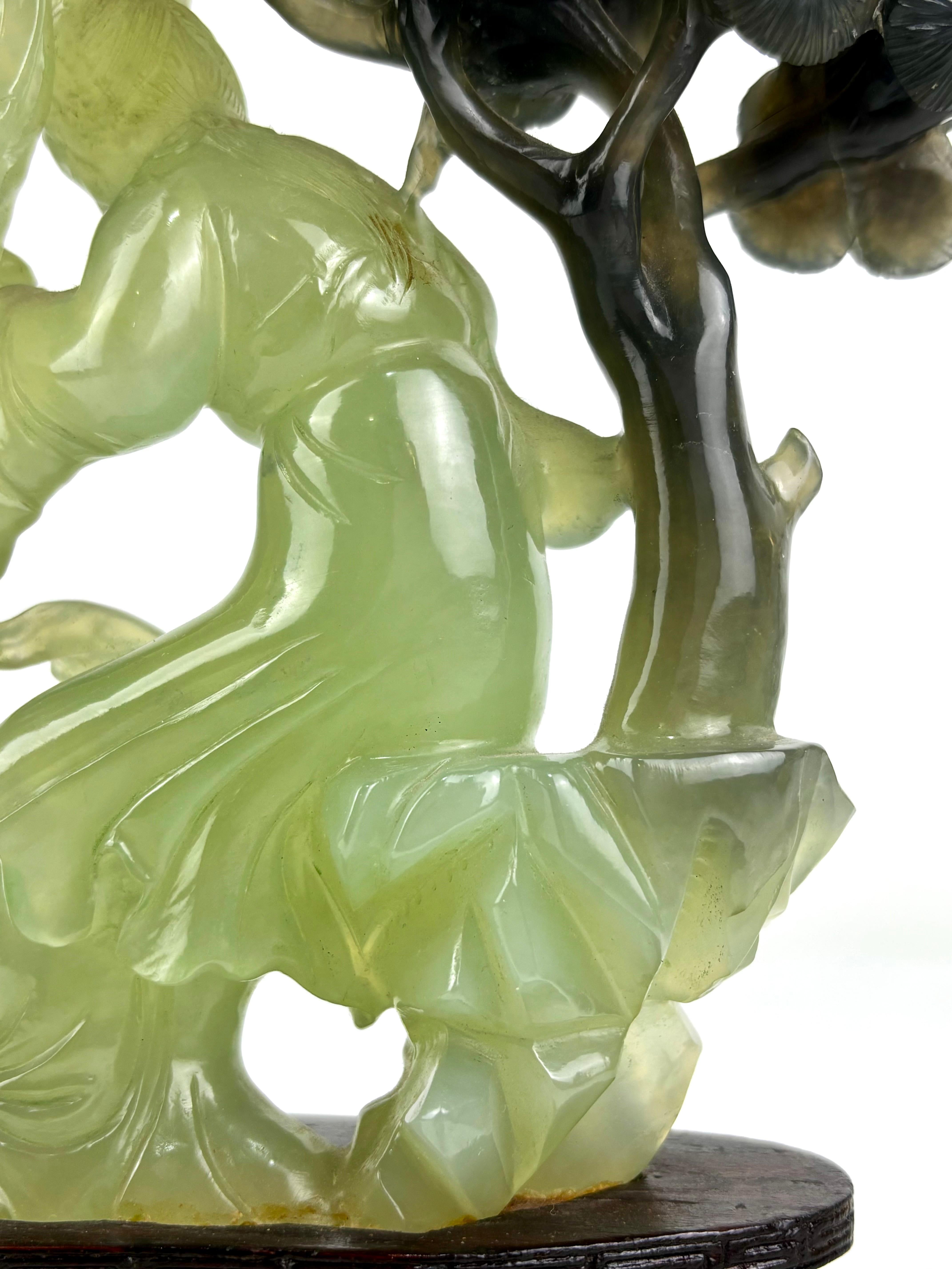 Oriental Jade Sculpture of Two Court Ladies with Tree – Mid-20th Century For Sale 11