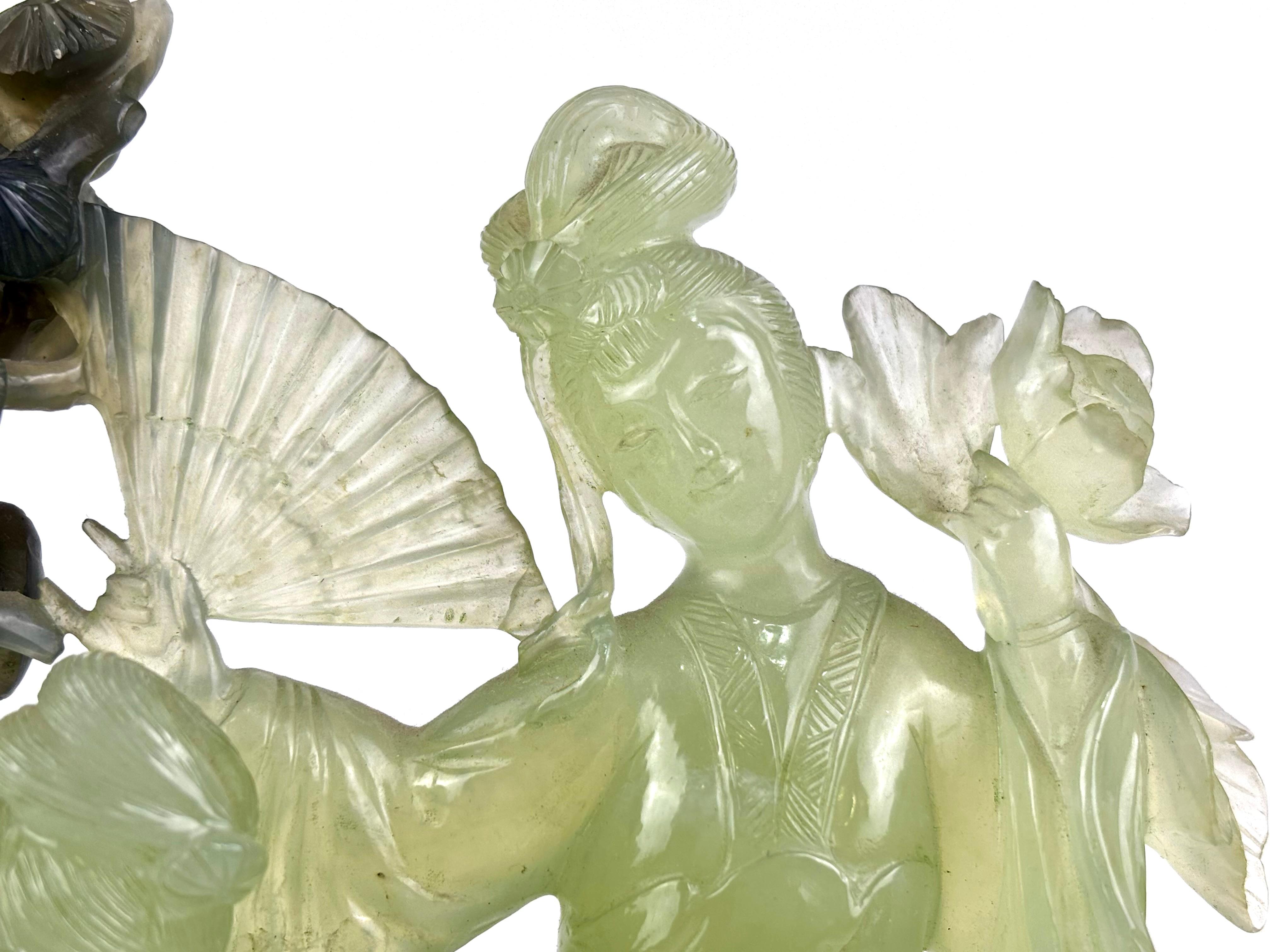 Oriental Jade Sculpture of Two Court Ladies with Tree – Mid-20th Century - Black Figurative Sculpture by Unknown