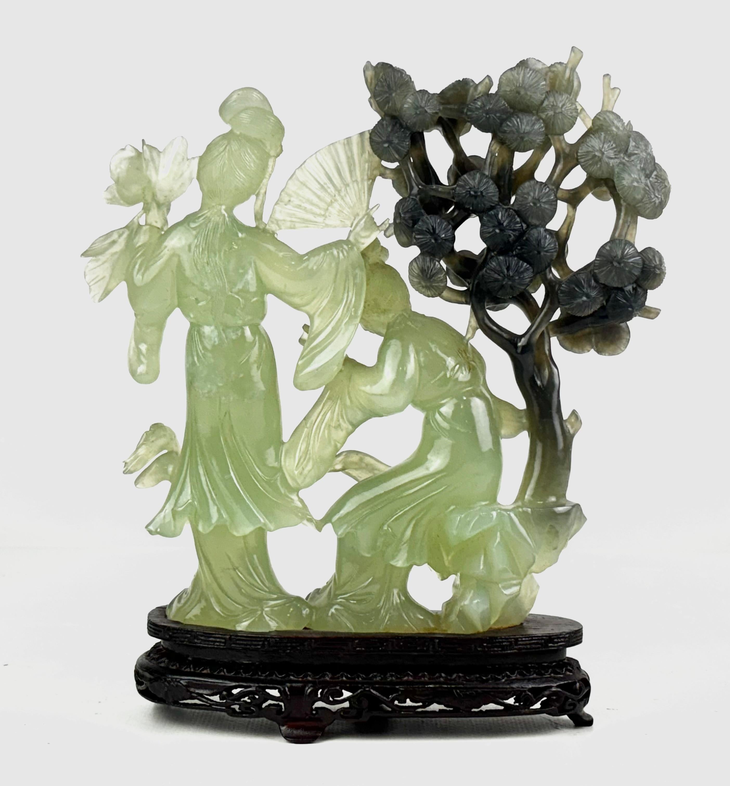 Oriental Jade Sculpture of Two Court Ladies with Tree – Mid-20th Century For Sale 6